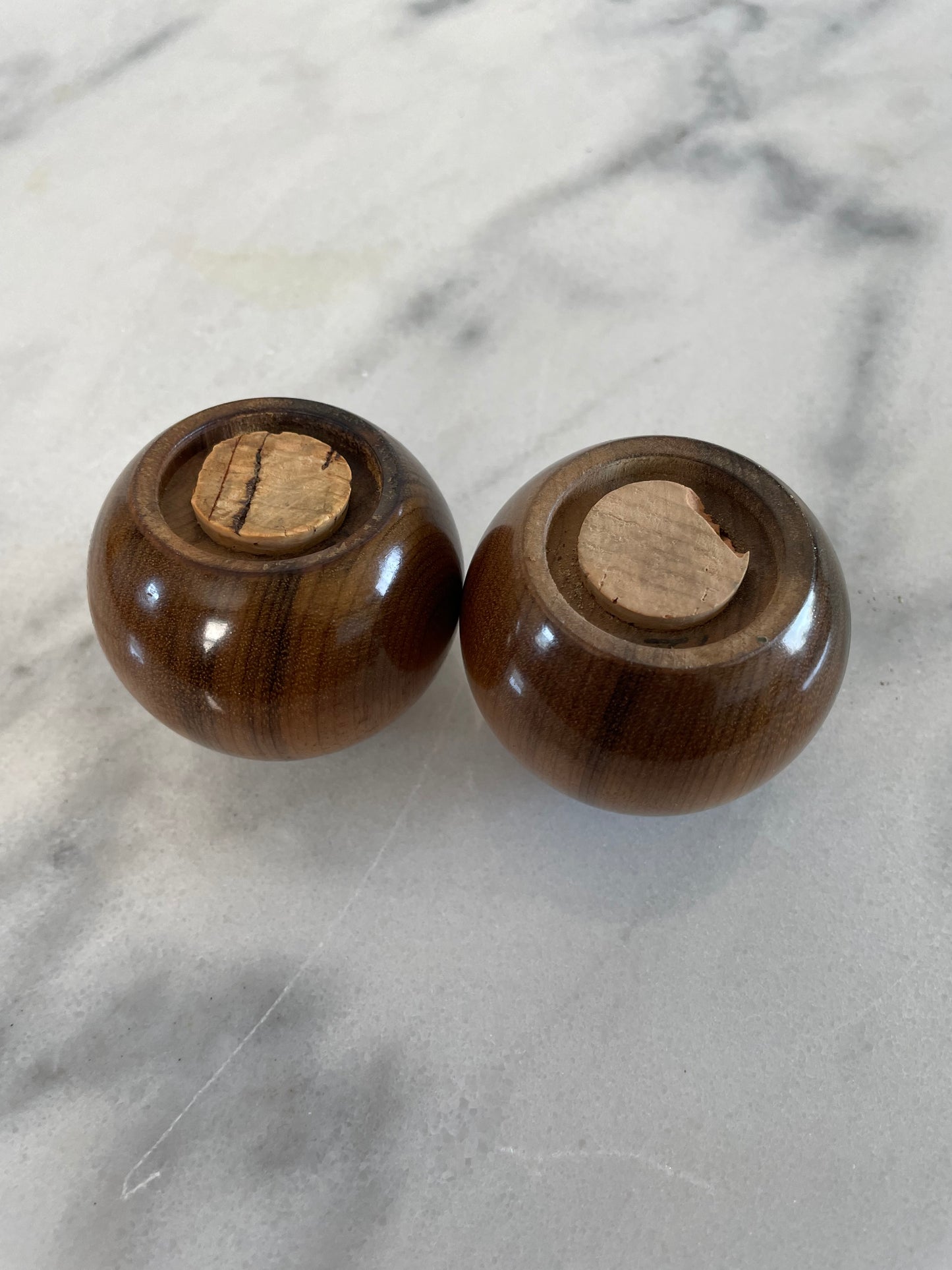 Mid 20th Century Solid Hardwood Walnut Sphere Salt & Pepper Shakers- a Pair