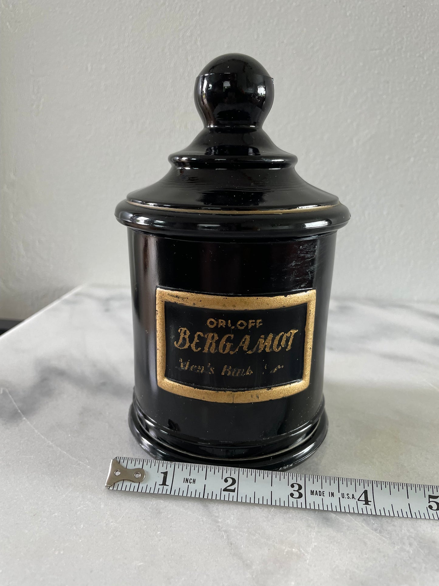 Vintage Black Glass Apothecary Jar Jean Vivaudou Co. Orloff Bergamot Men's Bath Talc