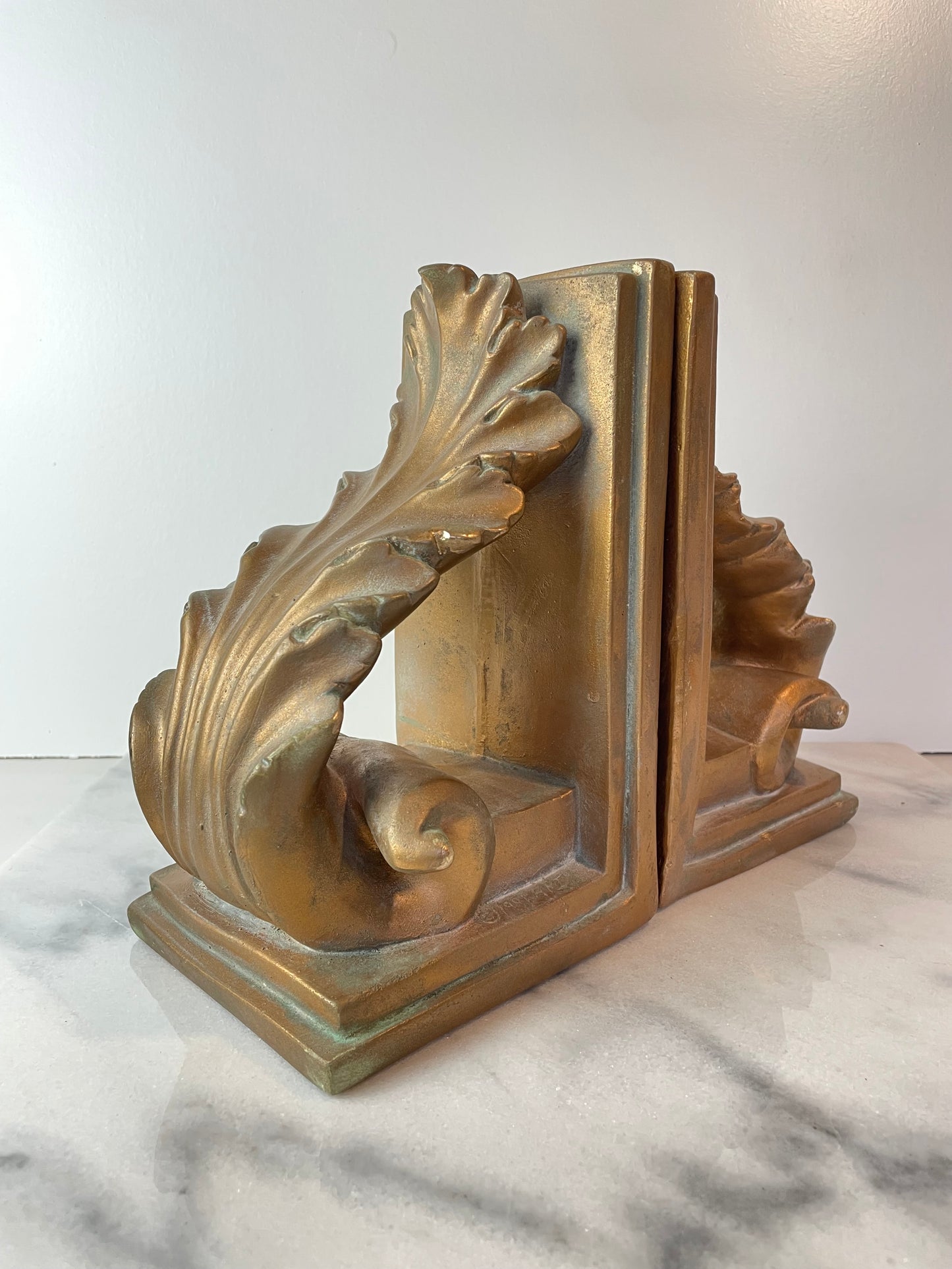 1991 Brushed Gold Plaster Acanthus Leaf Scroll Cornice Wall Sconces or Bookends