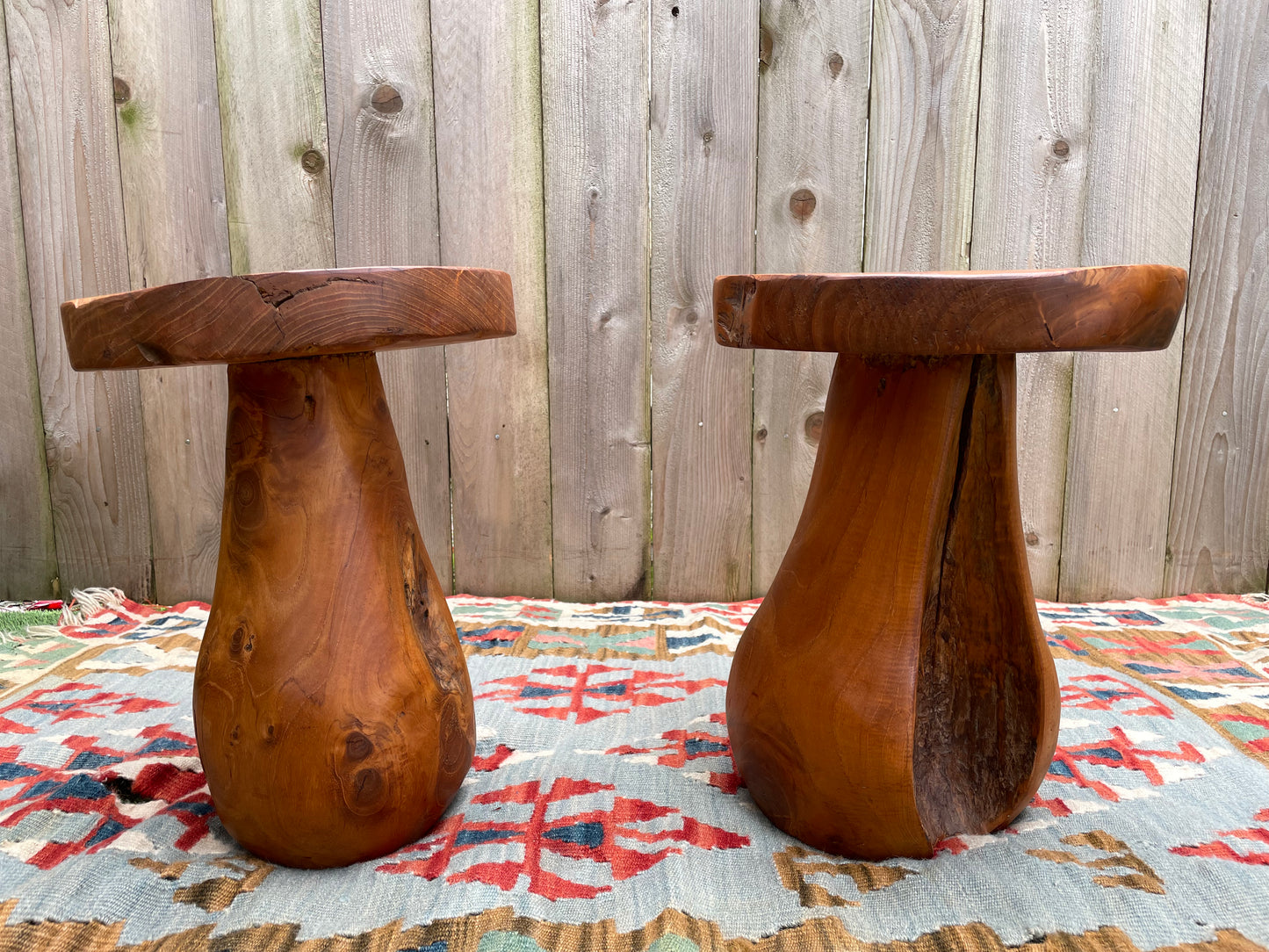 Mid 20th Century Rustic Solid Teak Wood Mushroom Tables - a Pair