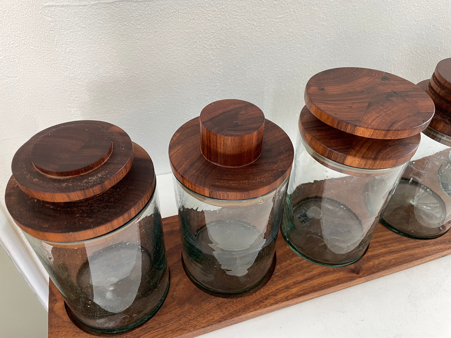 Mid 20th Century Solid Walnut and Blown Glass Canister Jars With Stand- 7 Pieces