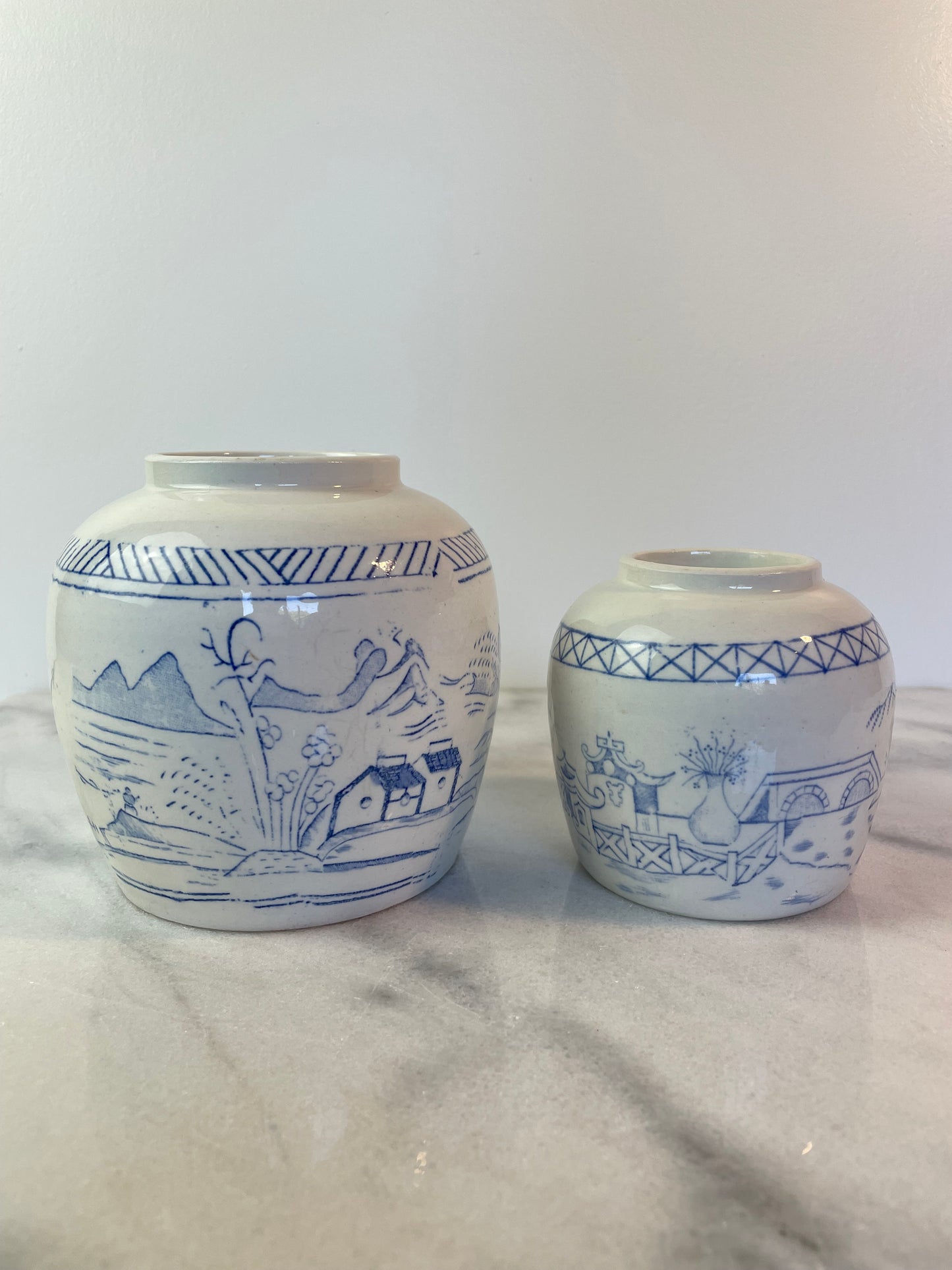 Antique Chinese Blue and White Ginger Jars – Pair of Hand-Painted Landscape Scene Porcelain Vessels