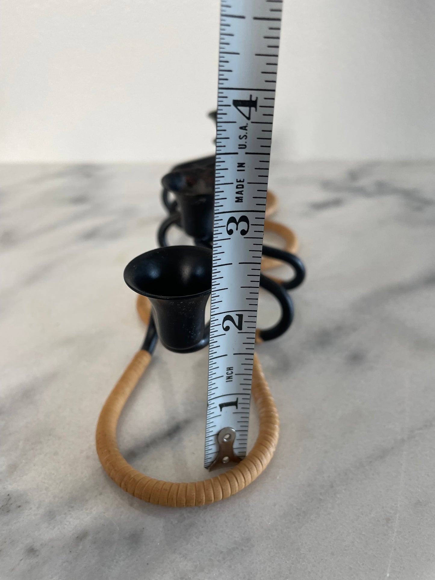 Mid 20th Century Walter Bosse Blacked Steel & Woven Natural Raffia Fiber Candlesticks, Unmarked - Set of 4