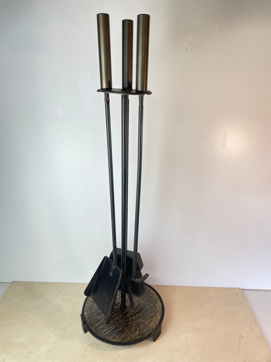 Mid-Century Modern Black Iron & Brass Fireplace Tool Set With Stand