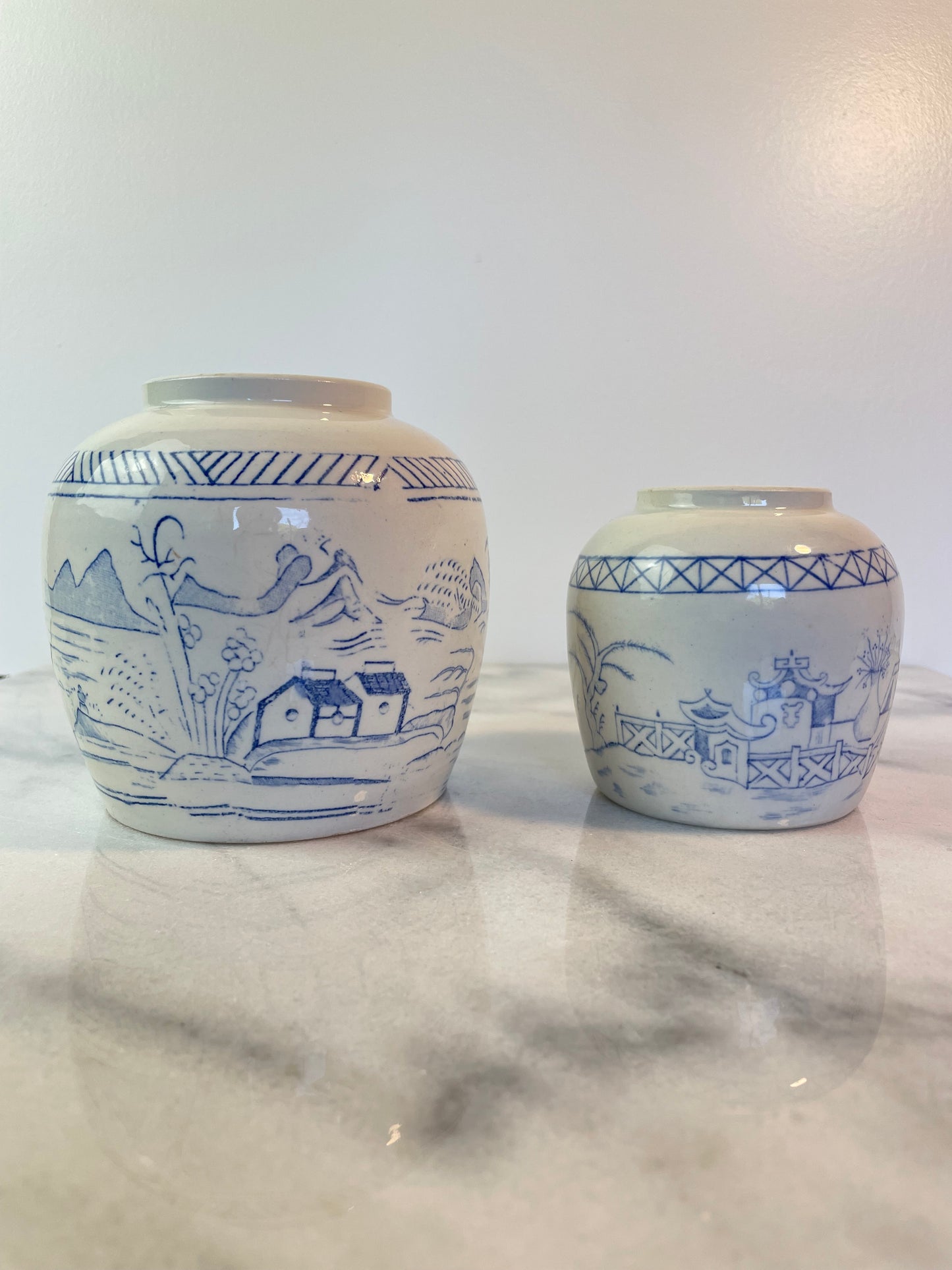 Antique Chinese Blue and White Ginger Jars – Pair of Hand-Painted Landscape Scene Porcelain Vessels