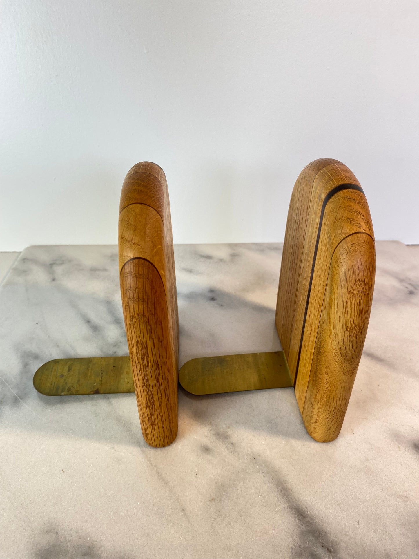 Mid-Century Modern Rounded White Oak & Brass Bookends - A Pair