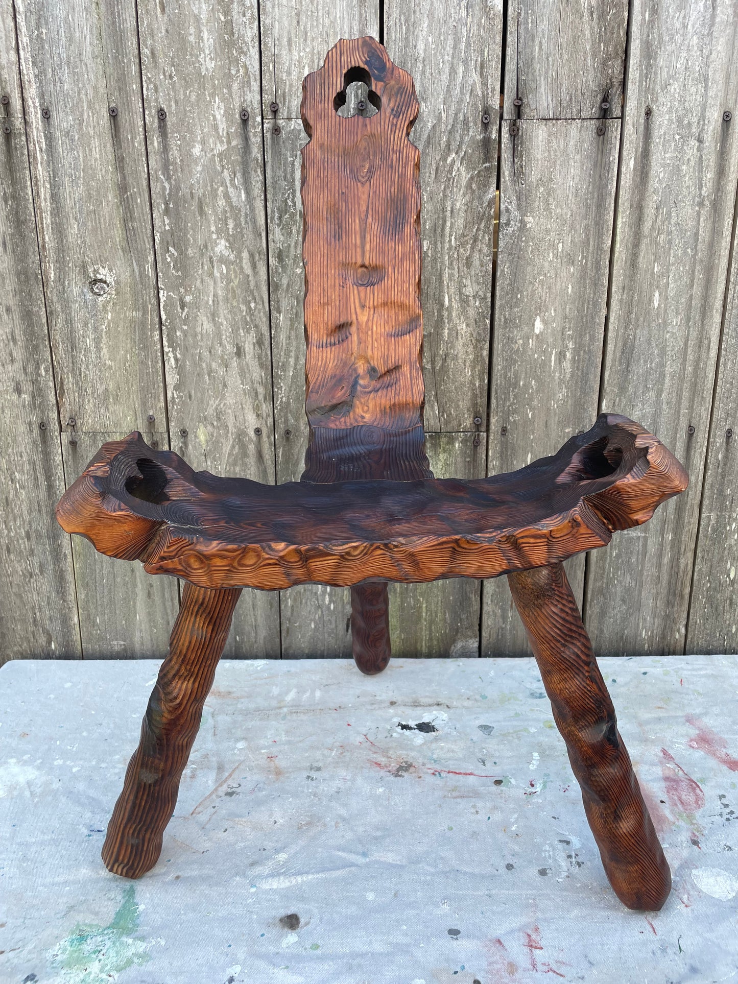 Mid 20th Century Spanish Sculptural Carved Wood Tripod Birthing Chair