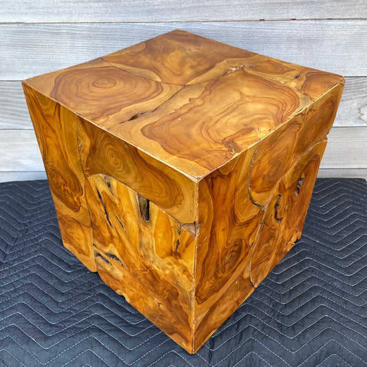 Organic Modern Tesselated Teak Wood Cube Side Table