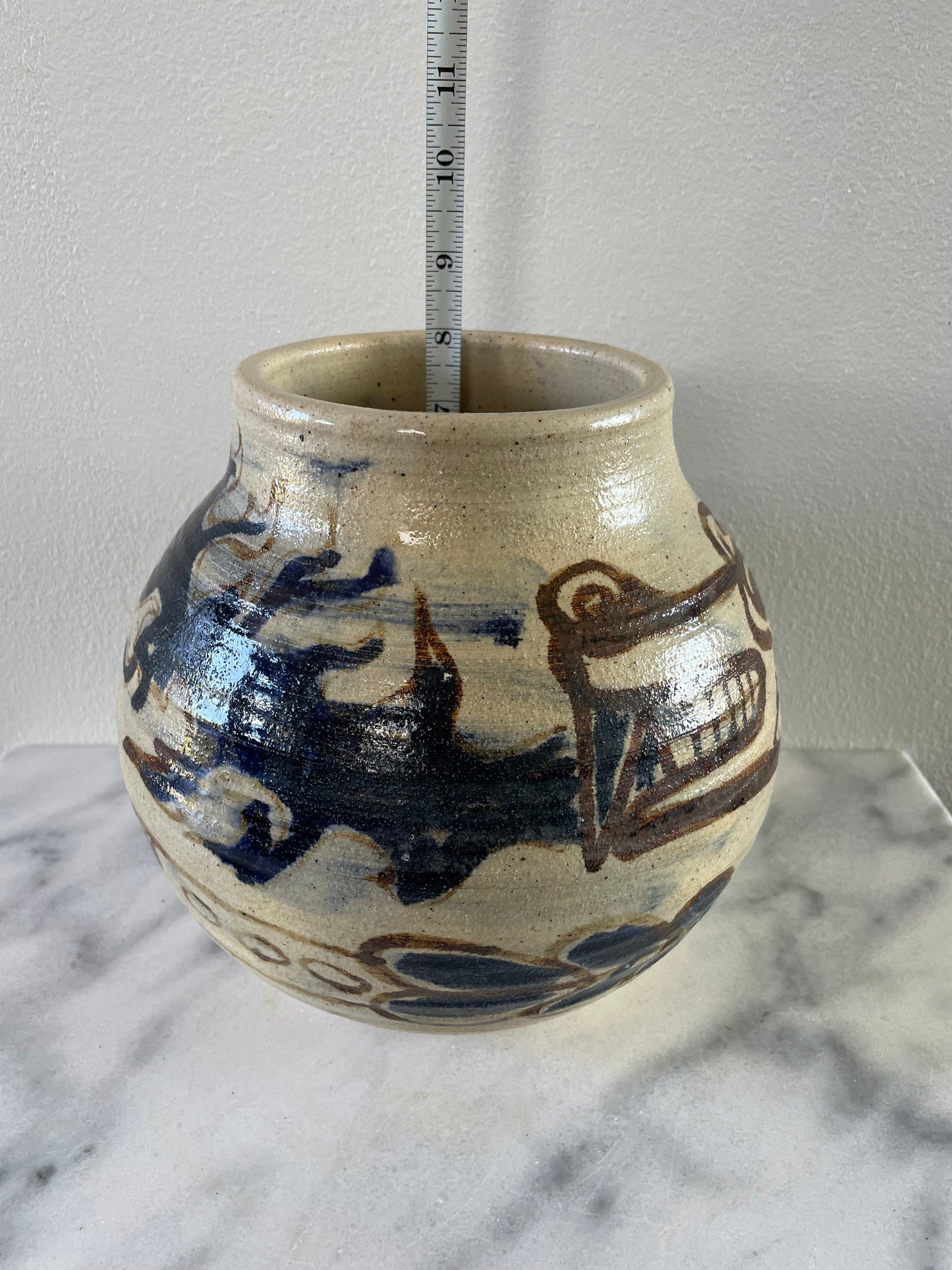 Mid 20th Century Rustic Glazed Stoneware Pot With Dragon Motif