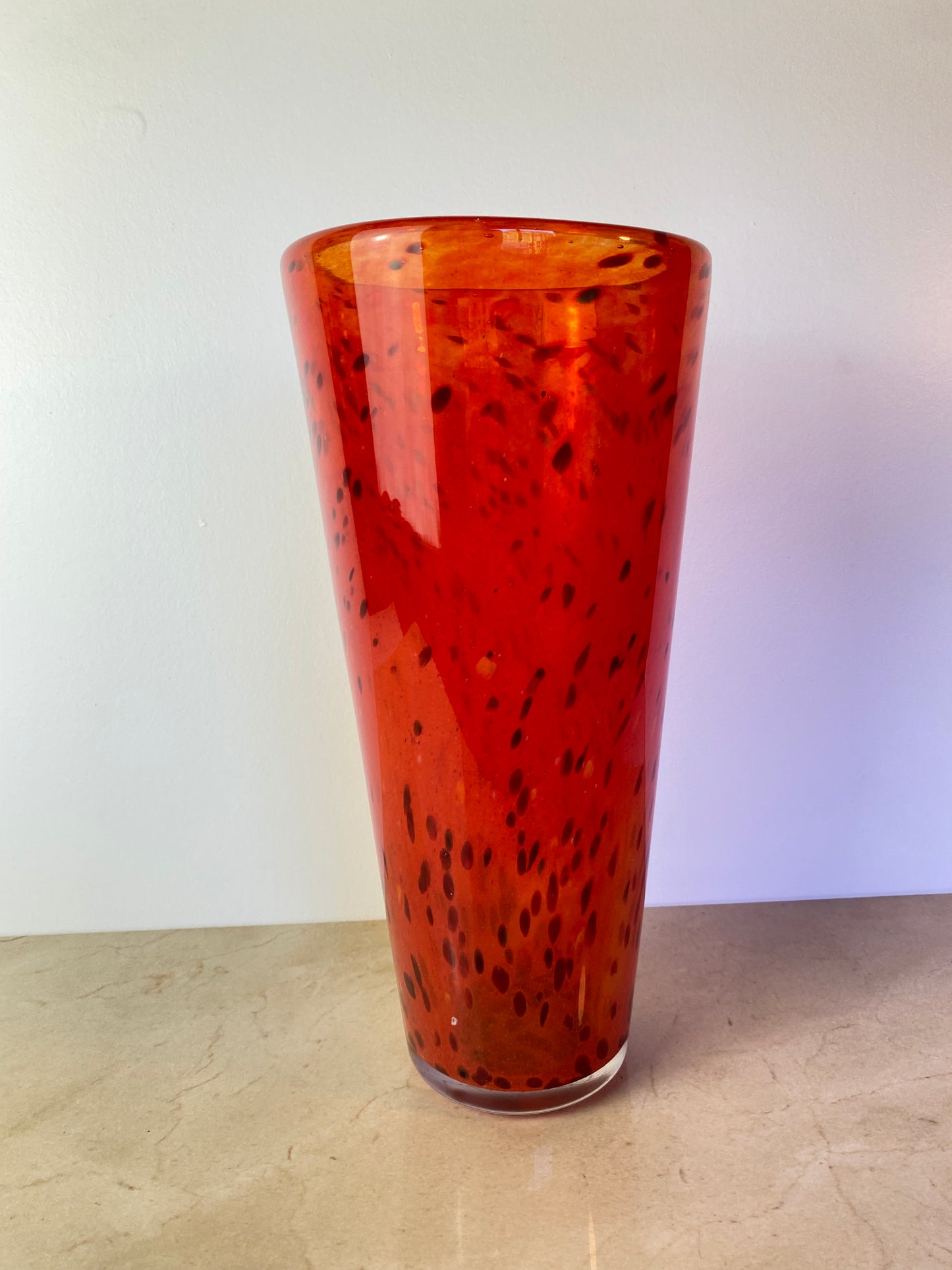 Henry Dean Mouth-Blown Red & Black Speckled Glass Vase, Signed