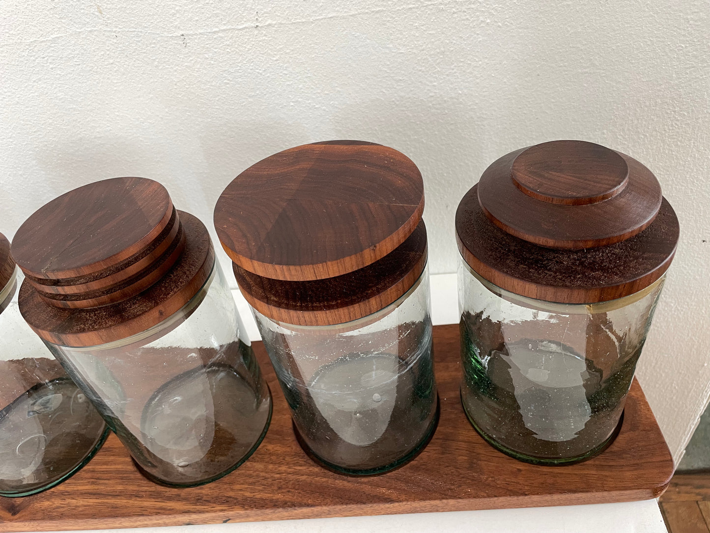 Mid 20th Century Solid Walnut and Blown Glass Canister Jars With Stand- 7 Pieces