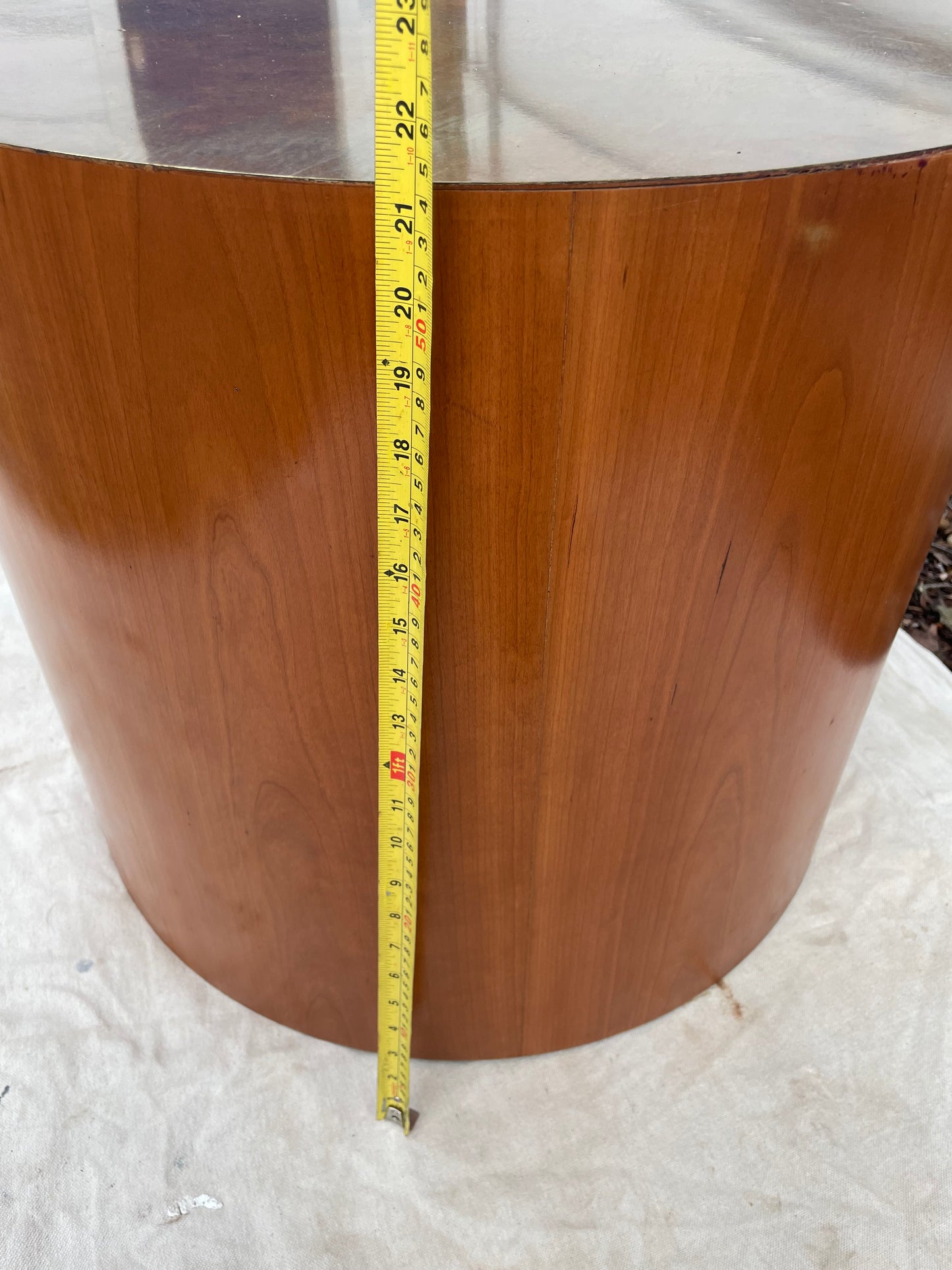 Late 20th Century Paul Mayen Style Cherry Wood Drum Table With Oxidized Metal Top