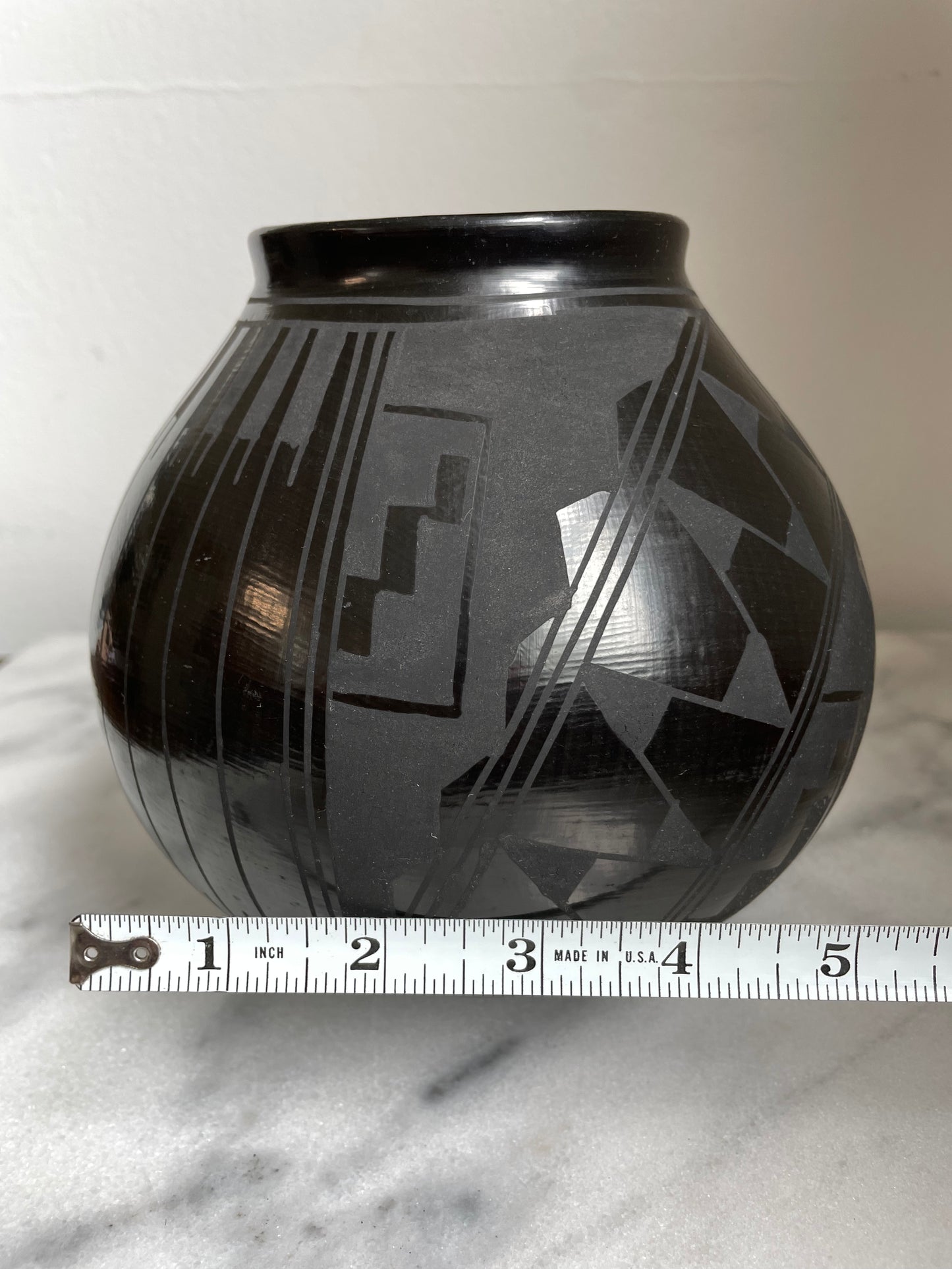 1990s Mata Ortiz Geometric Blackware Vase by David Ortiz