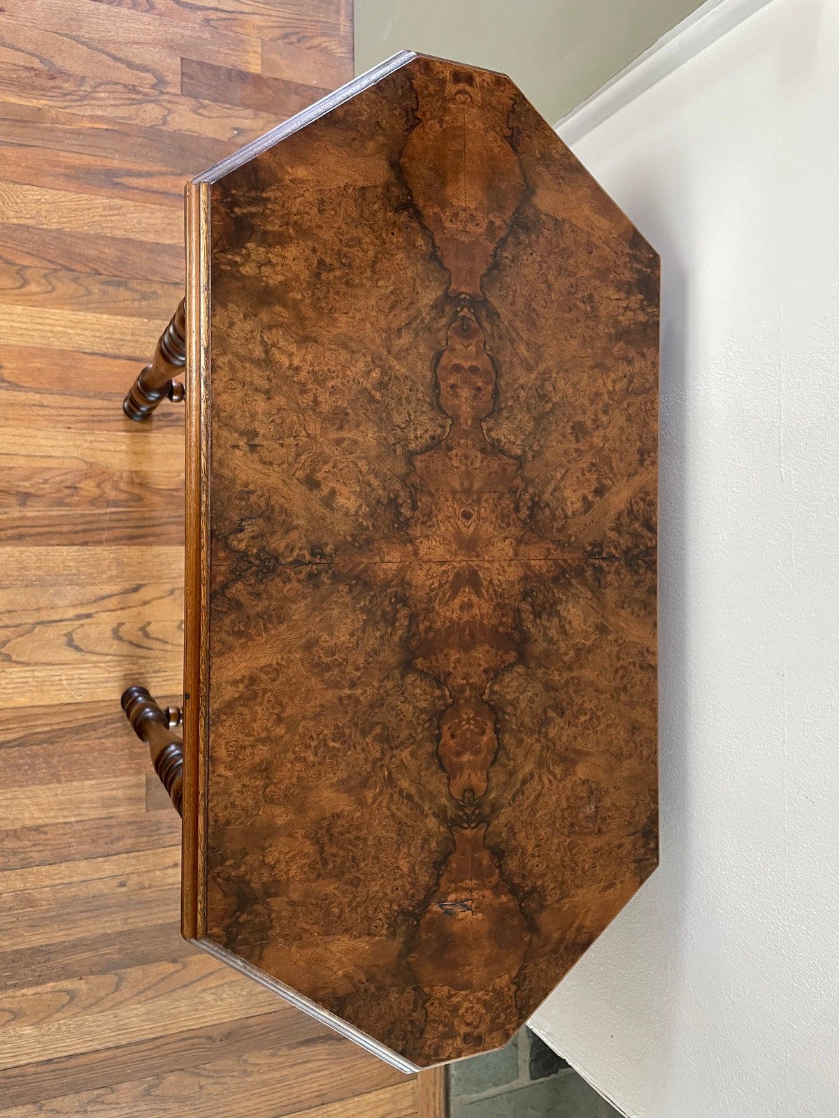 Antique Victorian Burl Walnut Octagonal Side Table, Bobbin Turned Legs