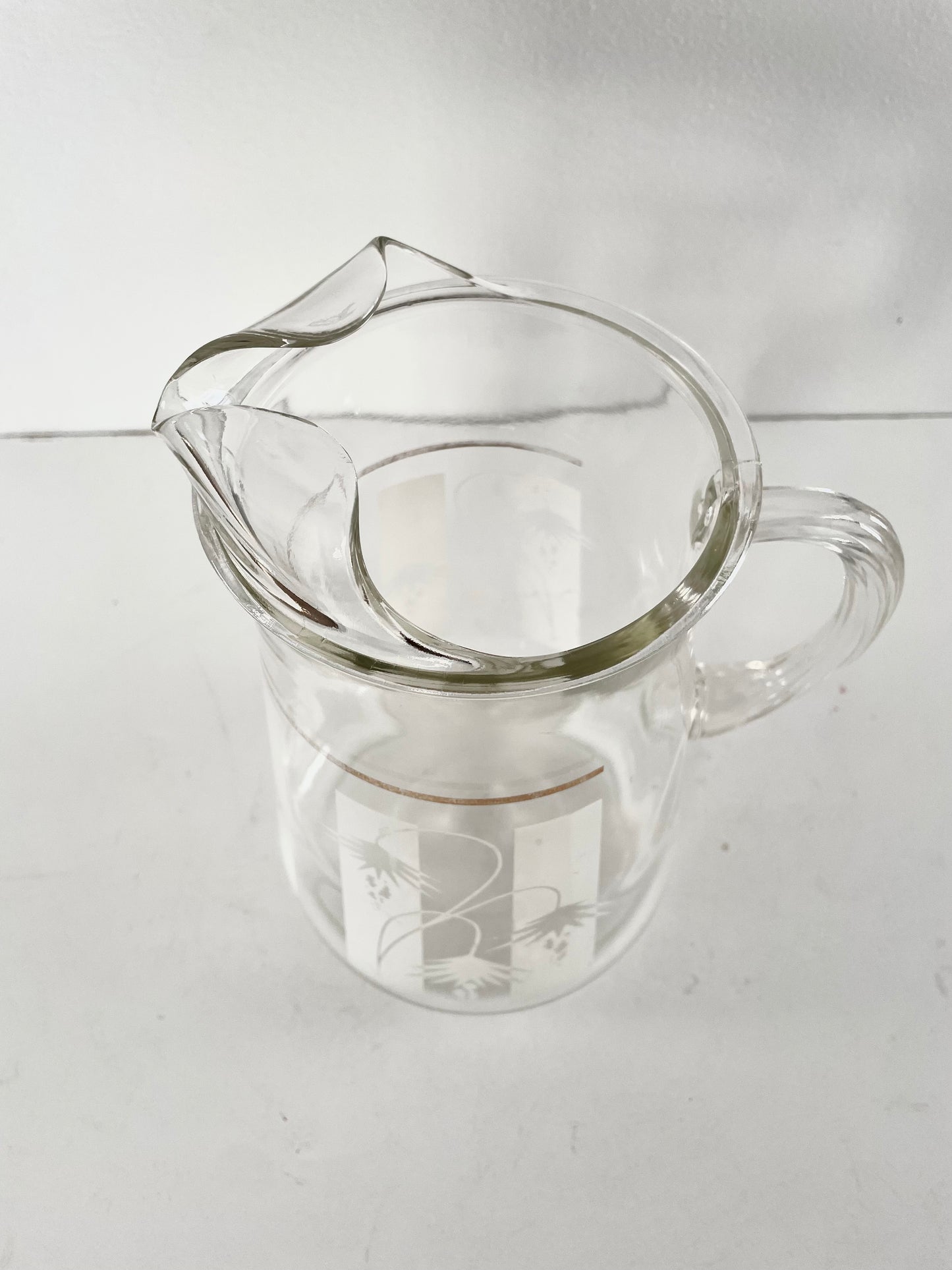 Mid Century Modern Living Clear Pitcher With White Painted Desert Flower