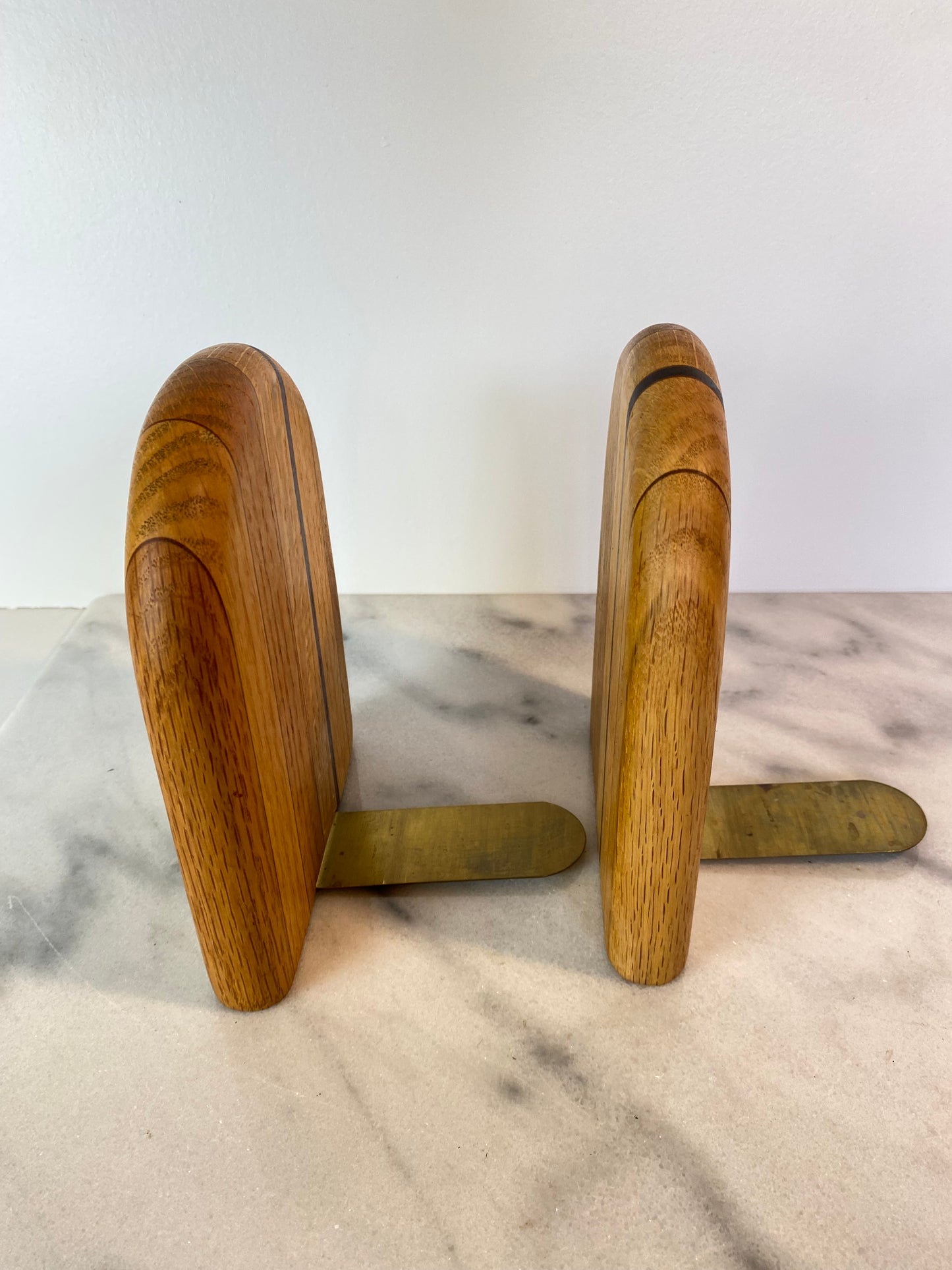 Mid-Century Modern Rounded White Oak & Brass Bookends - A Pair