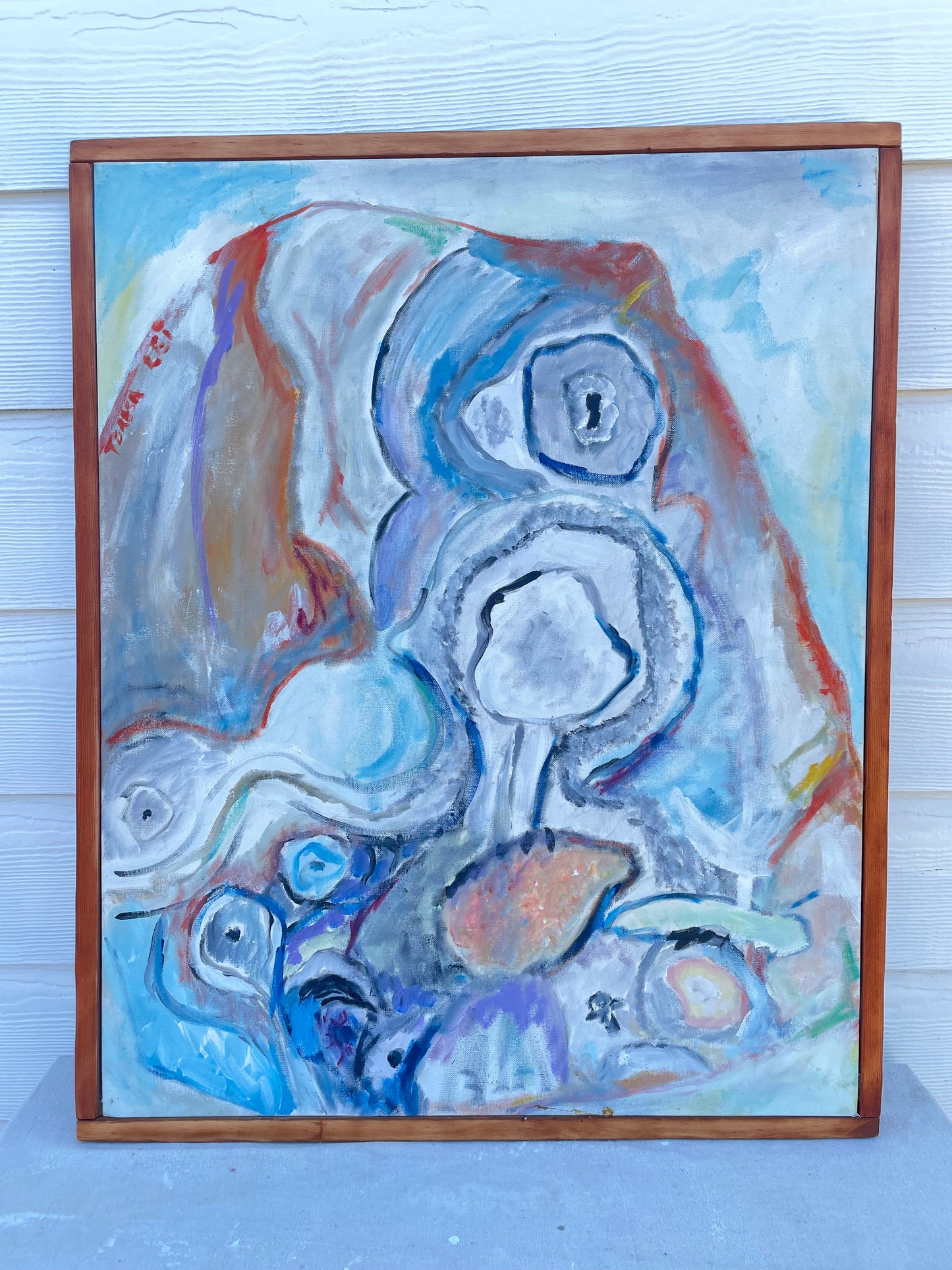 Late 20th Century Vintage Signed Abstract Flowing Forms Acrylic Painting on Canvas Board by Teresa Lawrenson, Framed