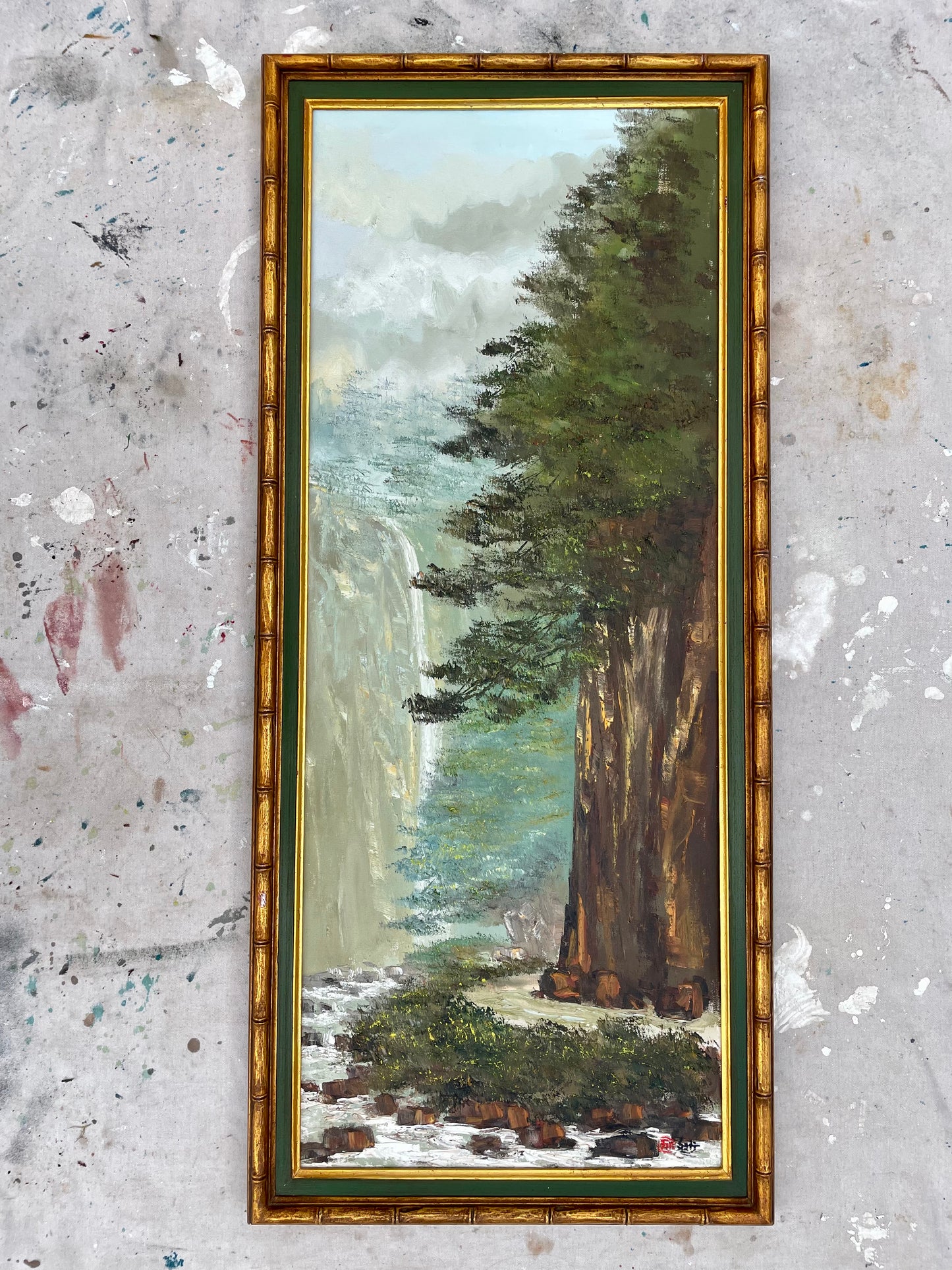 Mid-Century Framed Forest Trees Oil on Canvas