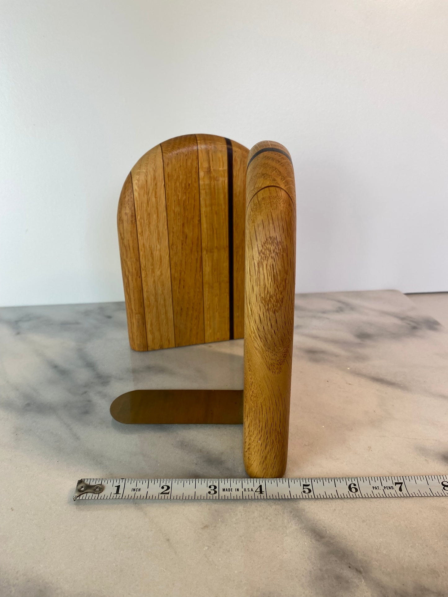 Mid-Century Modern Rounded White Oak & Brass Bookends - A Pair