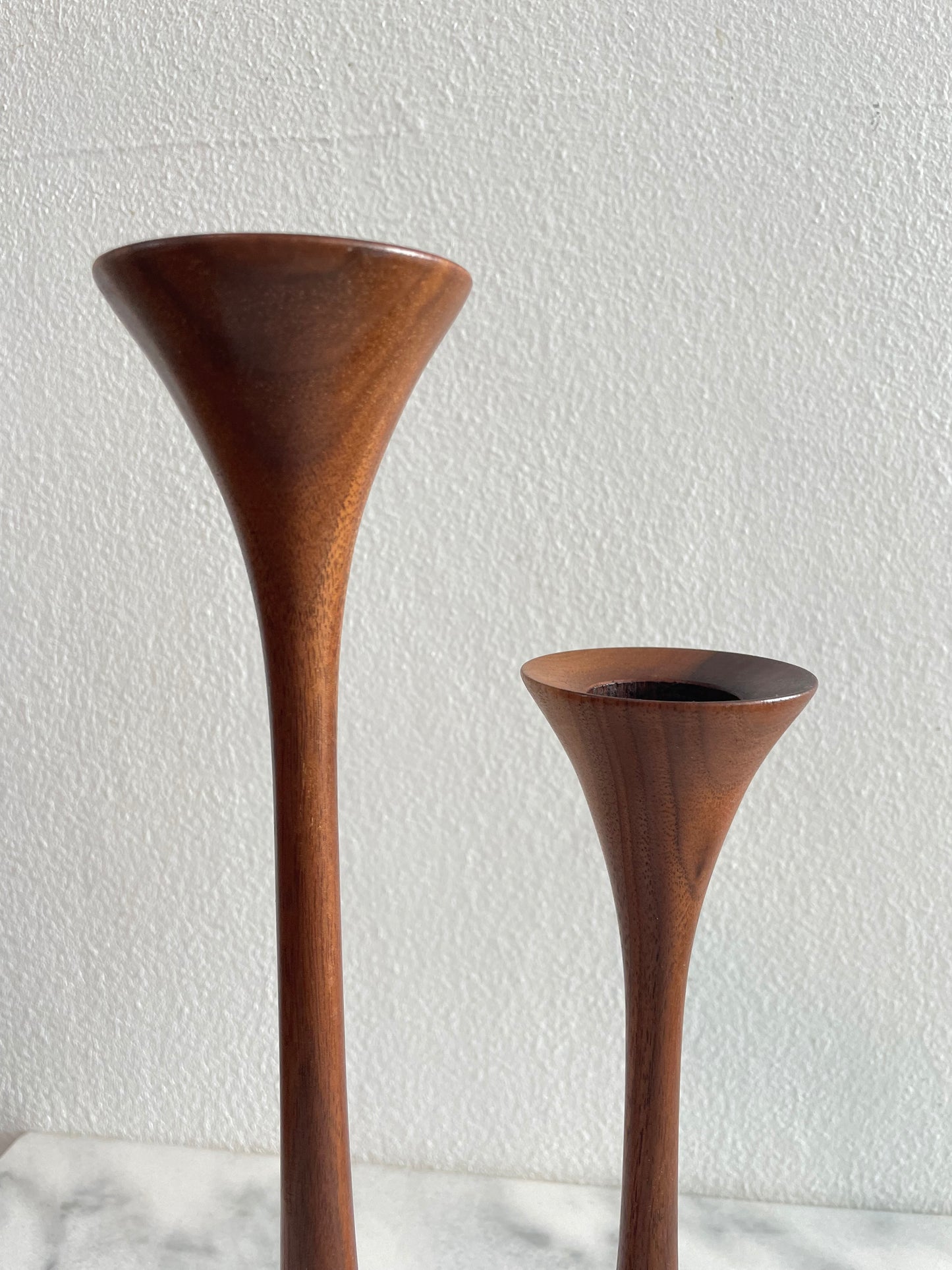 Mid-Century Walnut Tapered Tulip Candlesticks - Pair