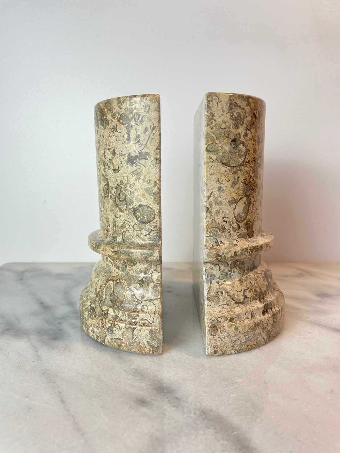 1980s Postmodern Fossil Stone Column Bookends Sculptural Natural Stone Pair