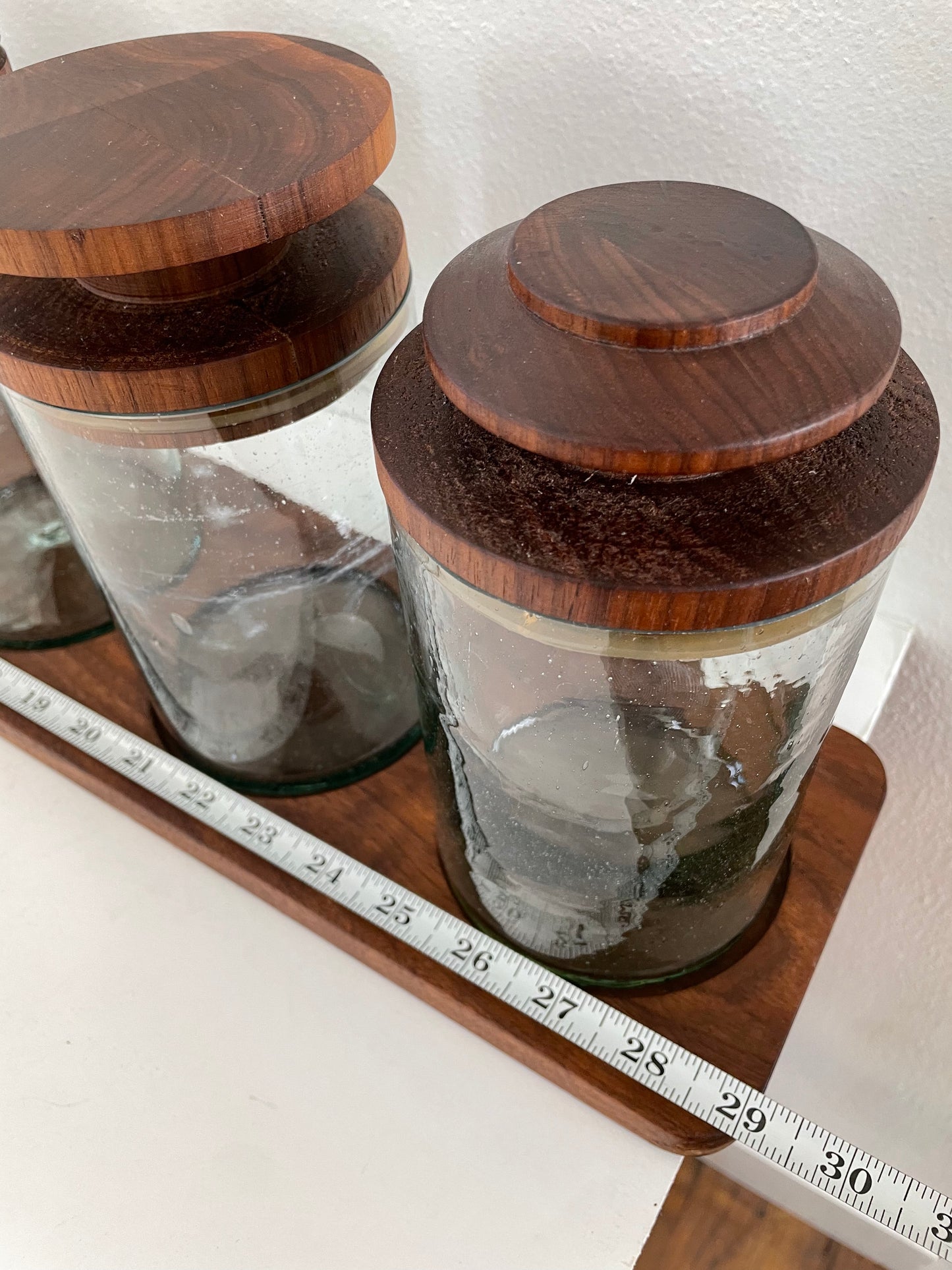 Mid 20th Century Solid Walnut and Blown Glass Canister Jars With Stand- 7 Pieces