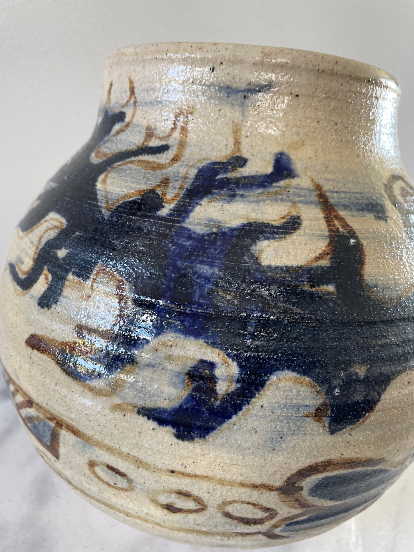 Mid 20th Century Rustic Glazed Stoneware Pot With Dragon Motif
