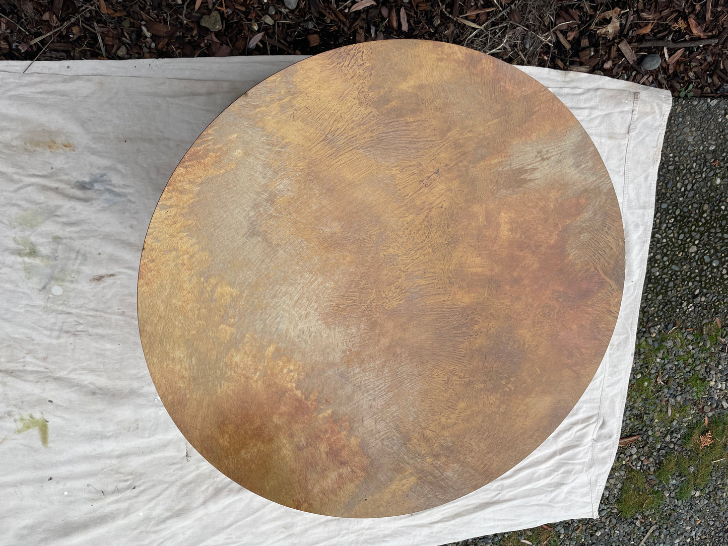 Late 20th Century Paul Mayen Style Cherry Wood Drum Table With Oxidized Metal Top