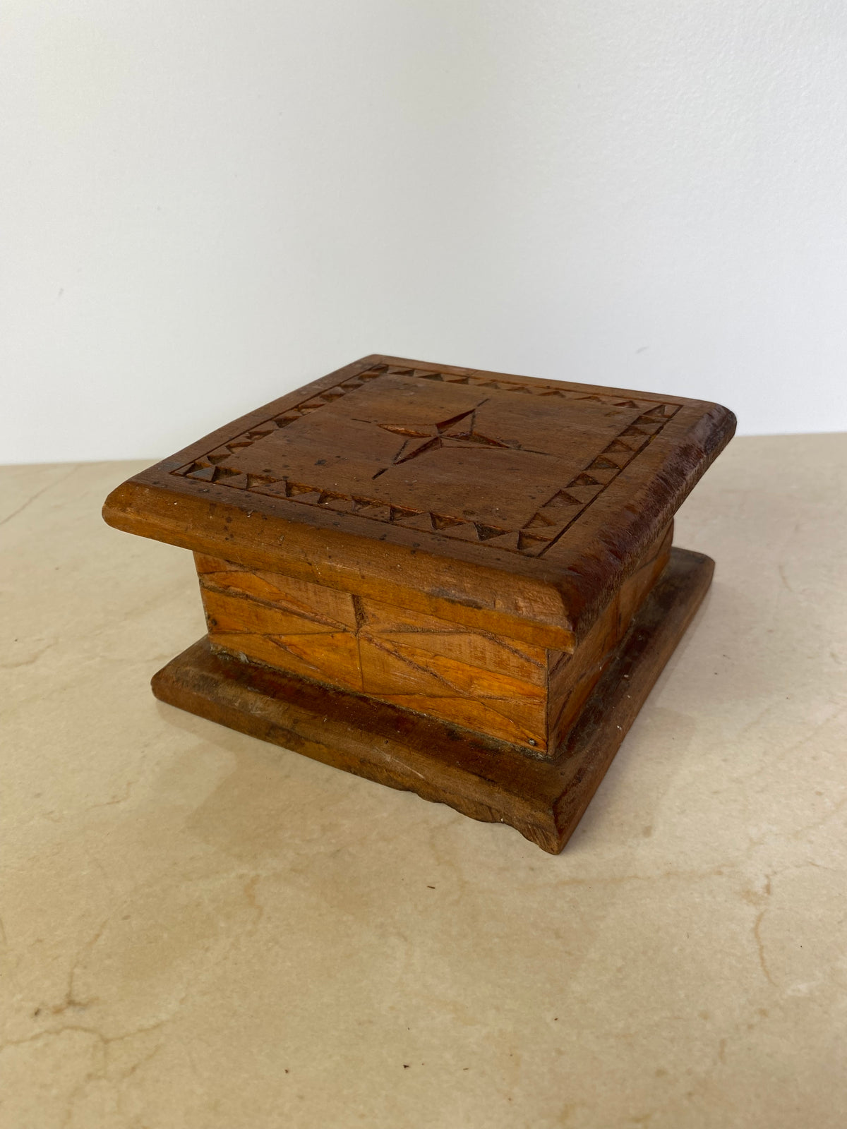 Vintage Hand-Carved Wood Folk Art Lidded Box With Star Motif