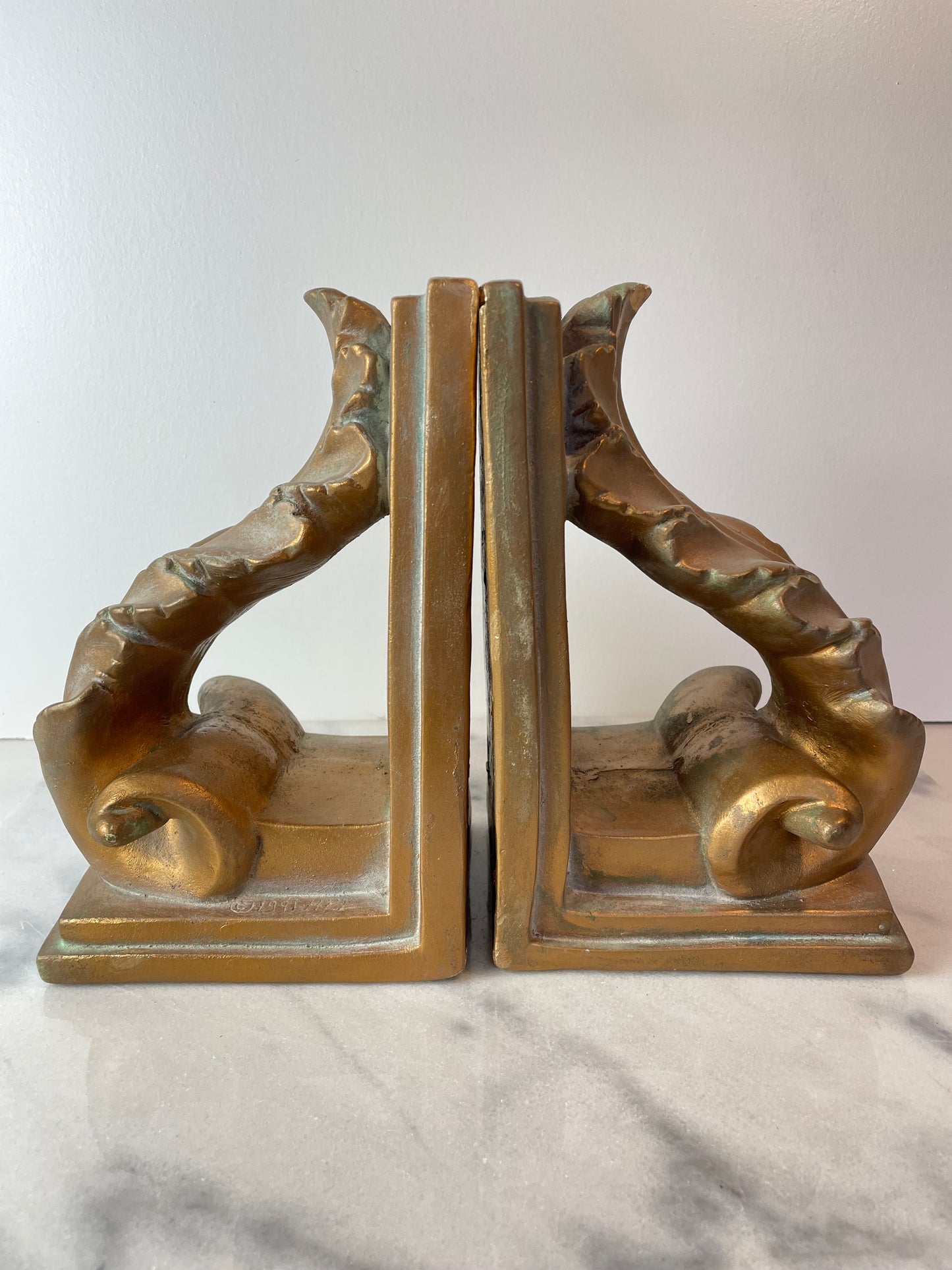 1991 Brushed Gold Plaster Acanthus Leaf Scroll Cornice Wall Sconces or Bookends