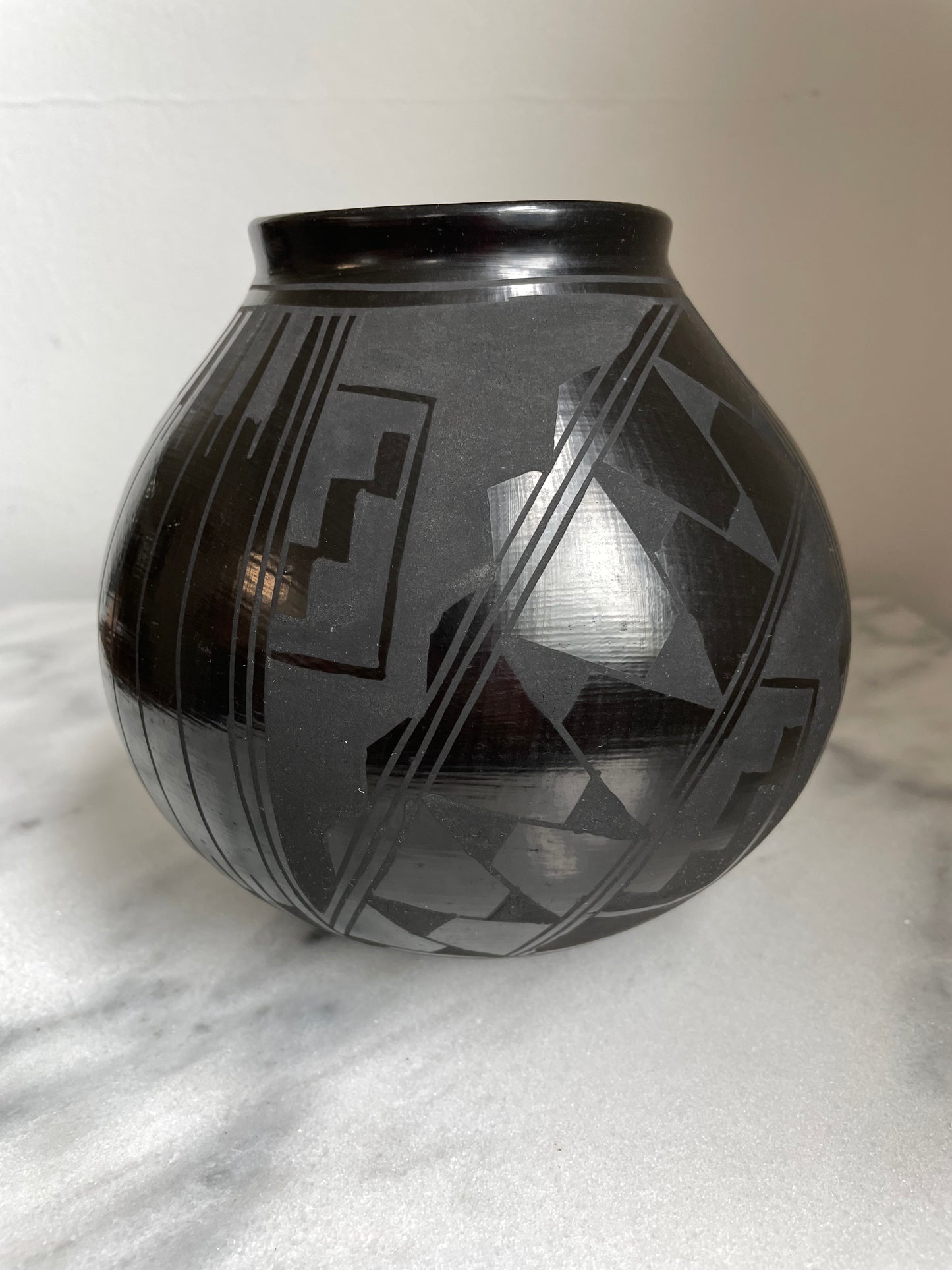 1990s Mata Ortiz Geometric Blackware Vase by David Ortiz