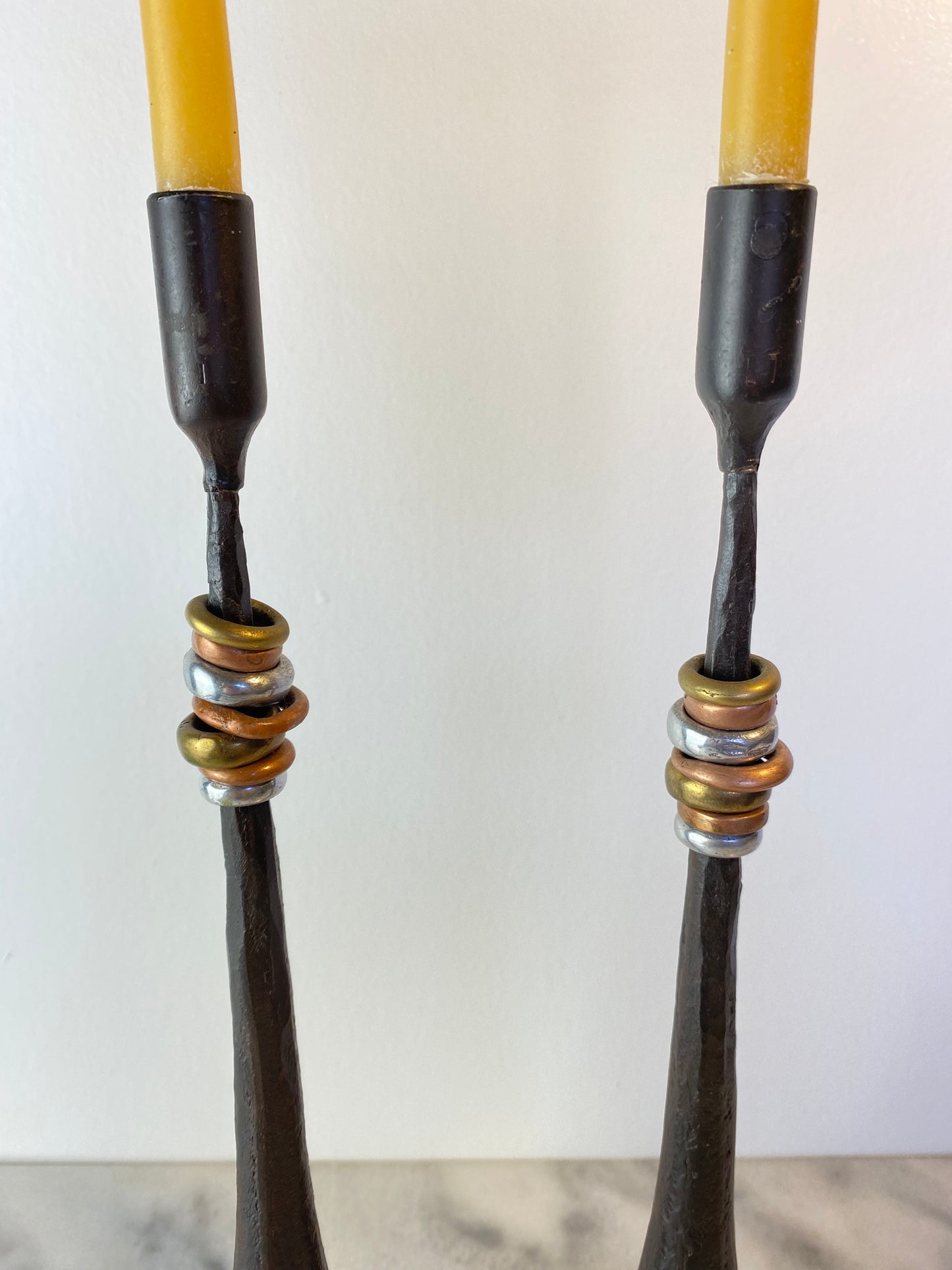 Pair Rustic Forged Iron Candlestick Holders With Mixed Metal Rings Luis Marquez Sekoya Originals