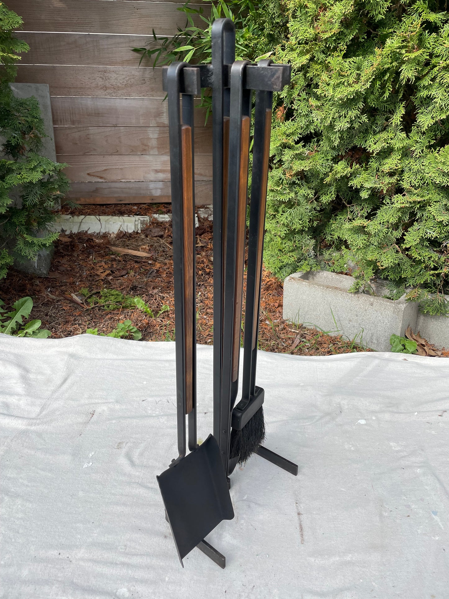 Mid Century Tony Paul Style Wood and Wrought Iron Fireplace Tools Set- 4 Pieces