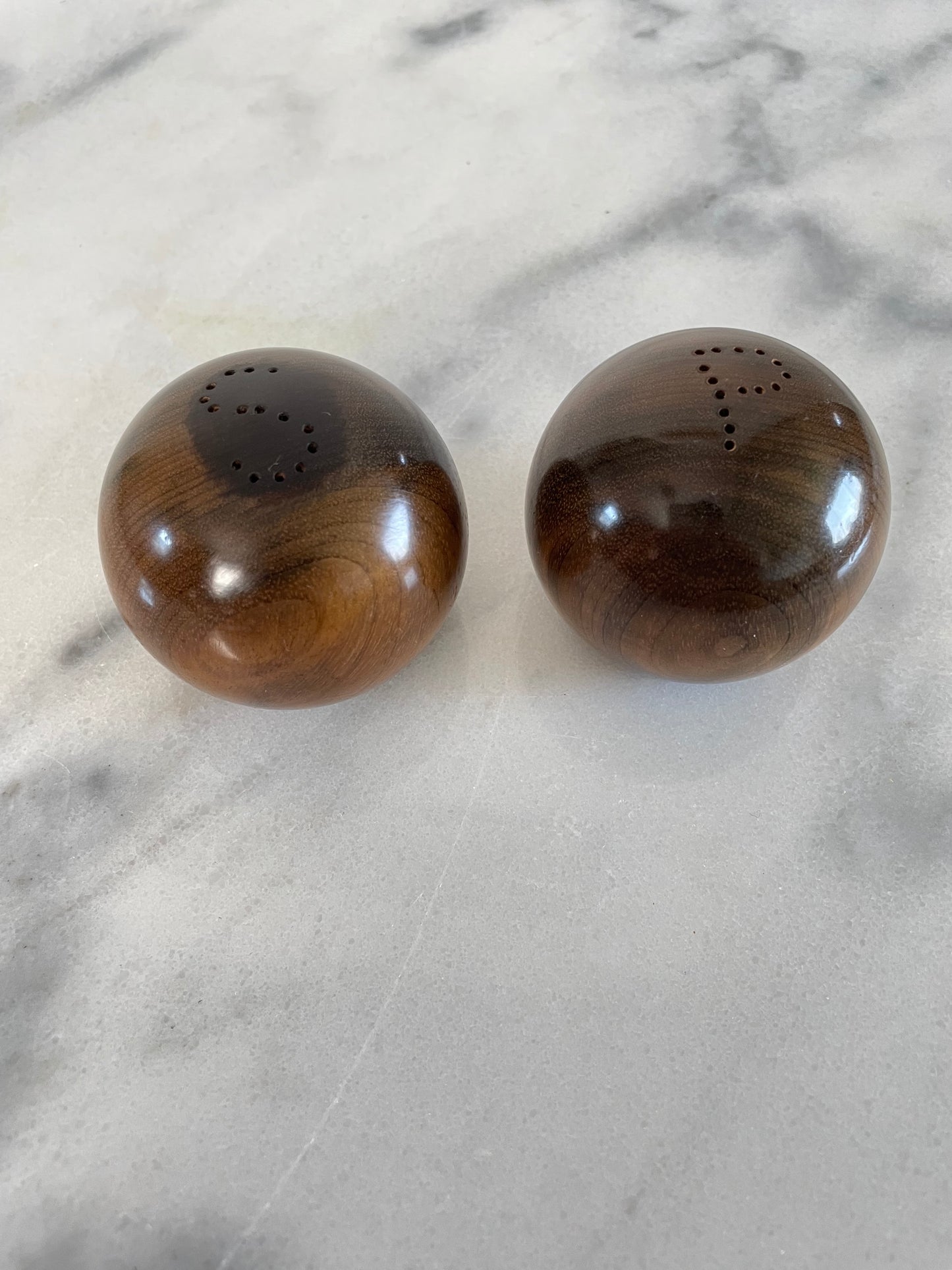 Mid 20th Century Solid Hardwood Walnut Sphere Salt & Pepper Shakers- a Pair