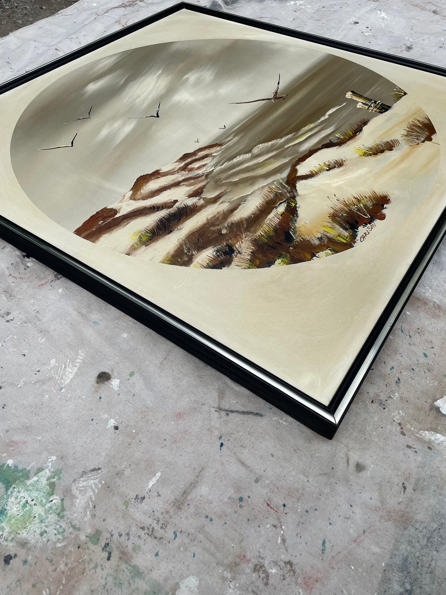 Mid 20th Century Signed Carlson Seascape Oil Painting – Gulls & Dunes on Canvas