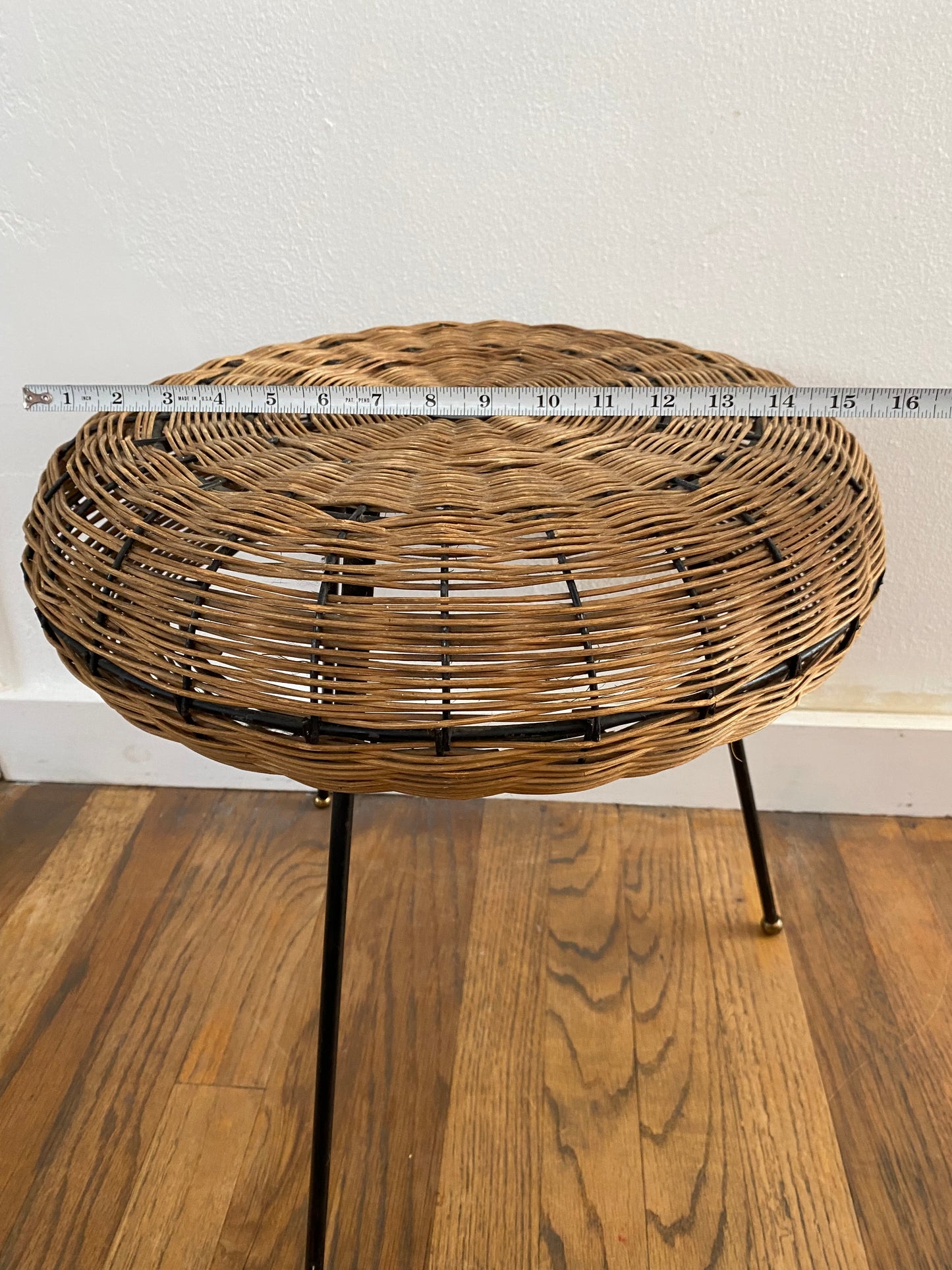 Mid-Century Modern French Woven Rattan Tripod Stool