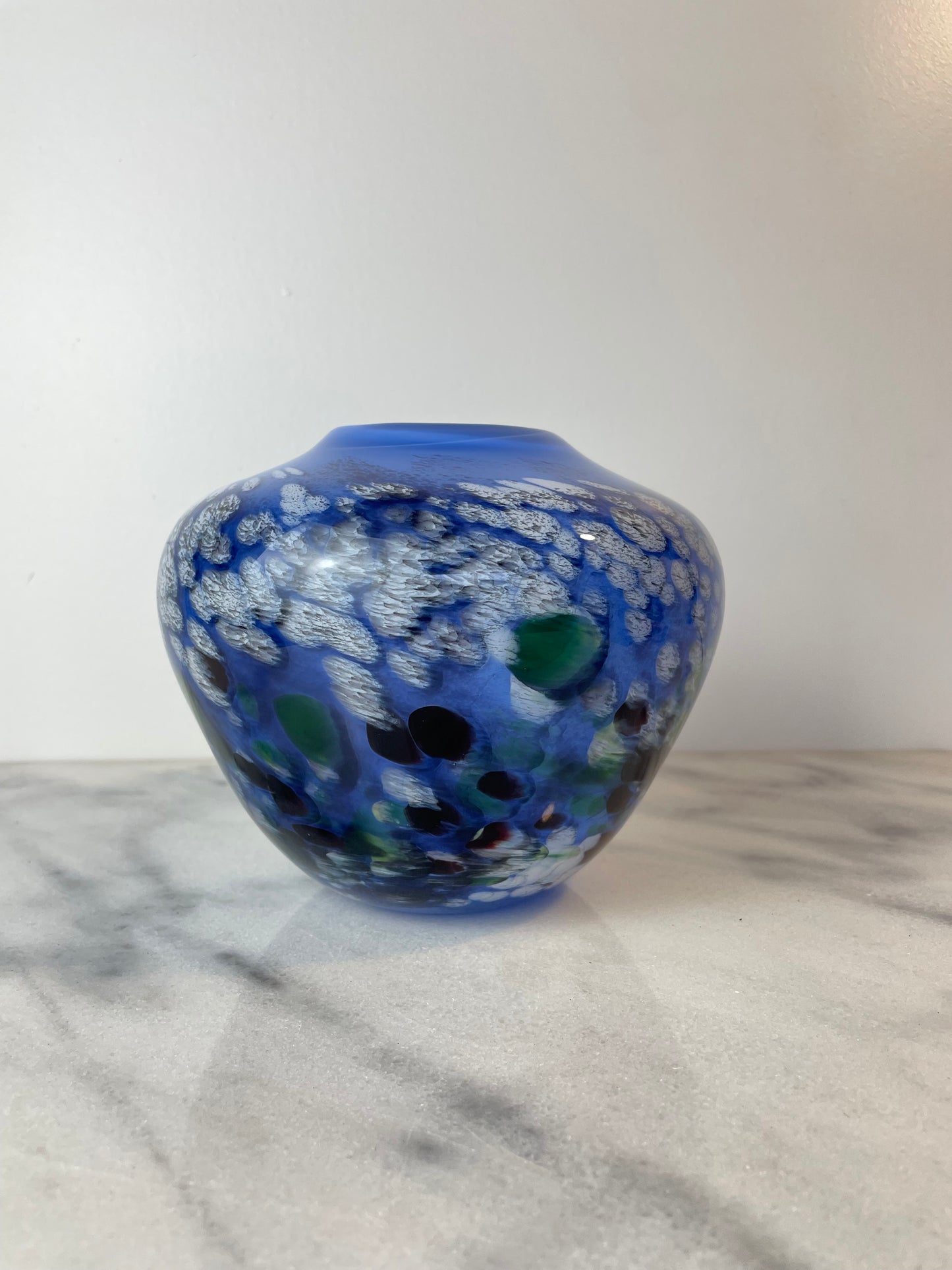 Signed James Kingwell Icefire Art Glass Vase in Blue Purple & White