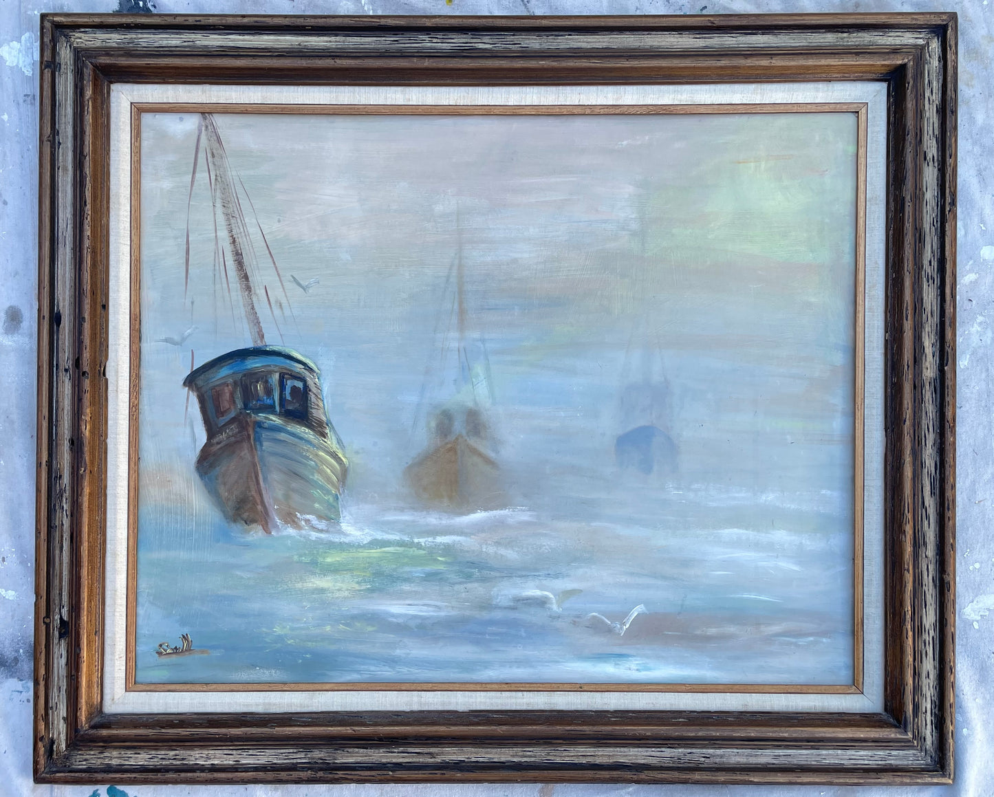 Nautical Seascape Fishing Boats Framed Vintage Oil on Board
