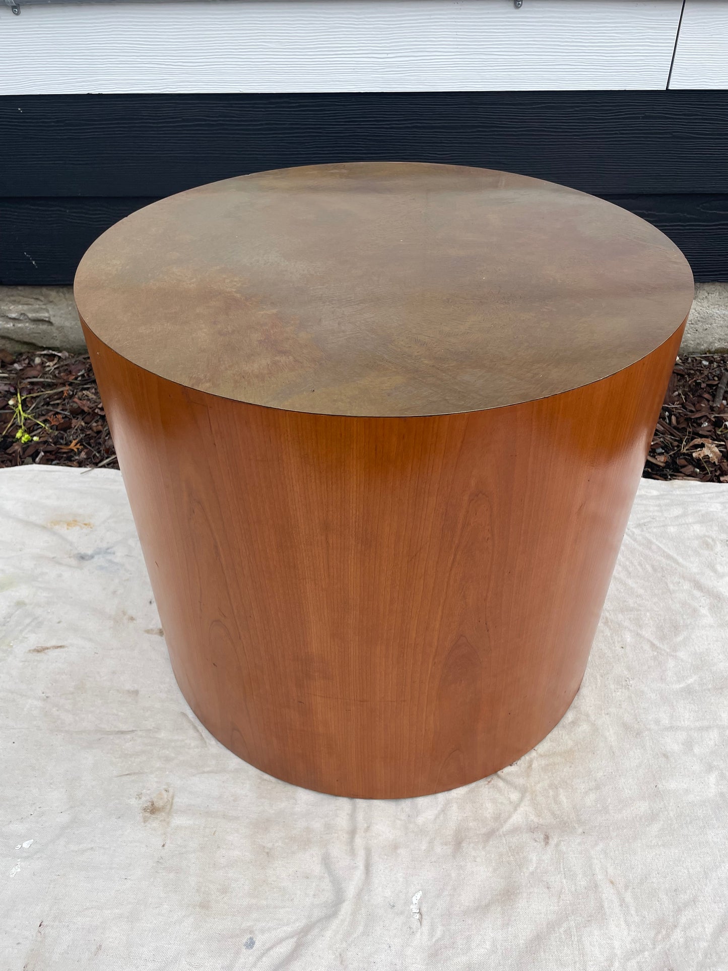 Late 20th Century Paul Mayen Style Cherry Wood Drum Table With Oxidized Metal Top