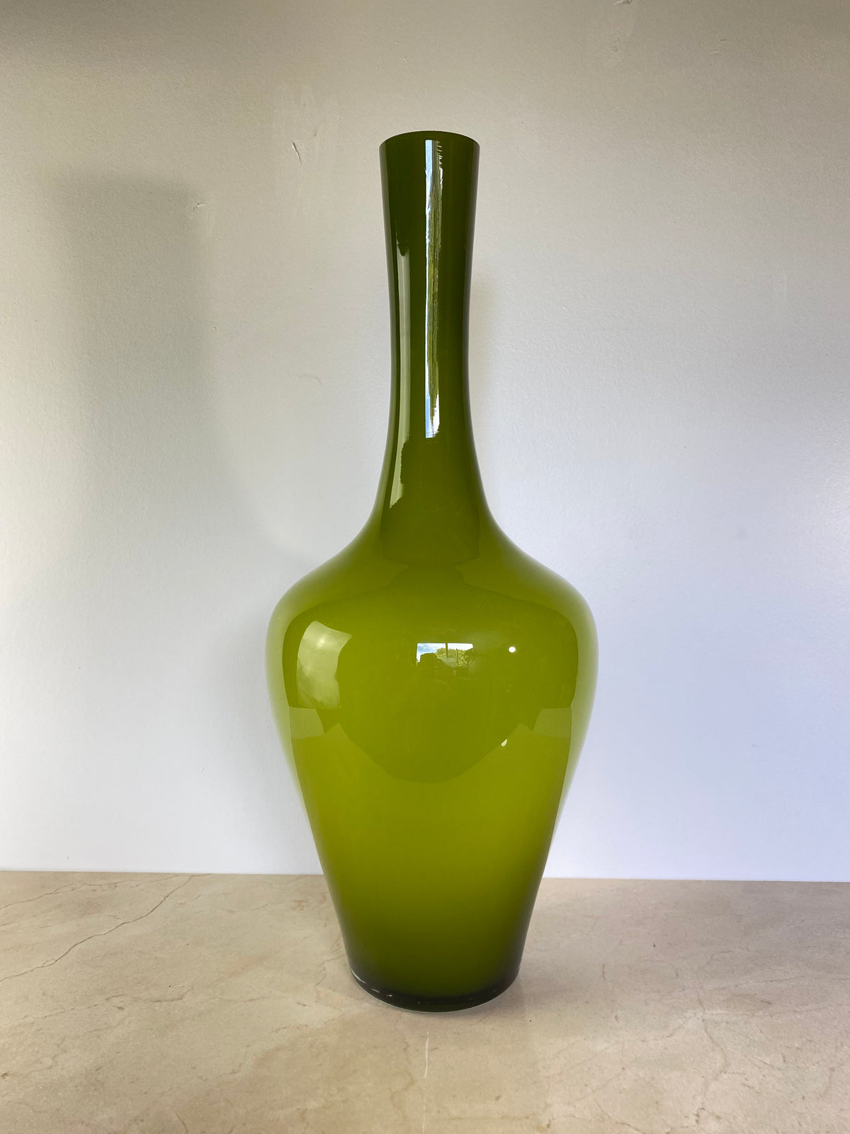 Vintage Mid-Century Italian Empoli-Style Cased Glass Bottle Vase in Olive Green