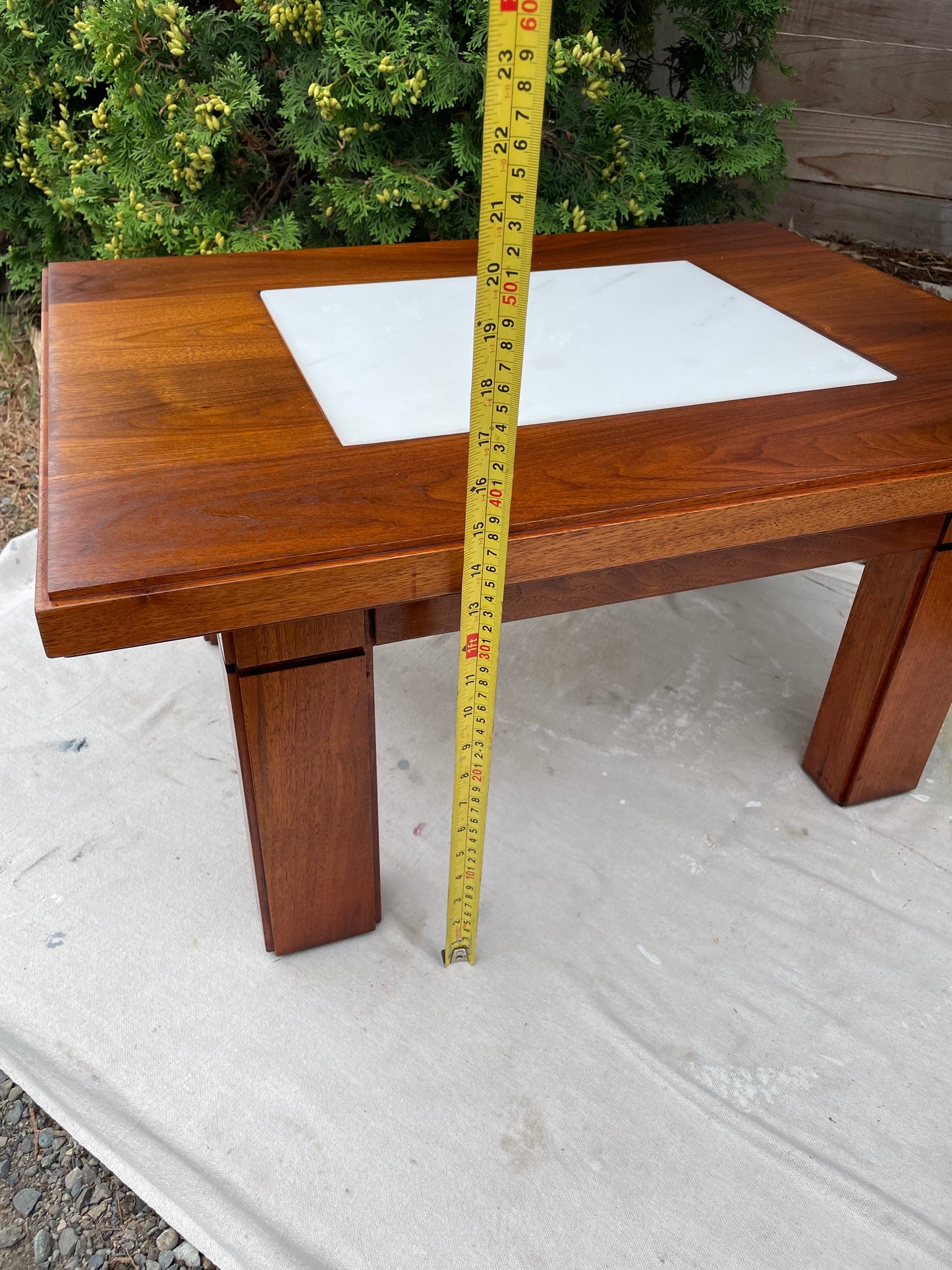 Mid-Century Studio Solid Walnut & Marble Side Tables Pair