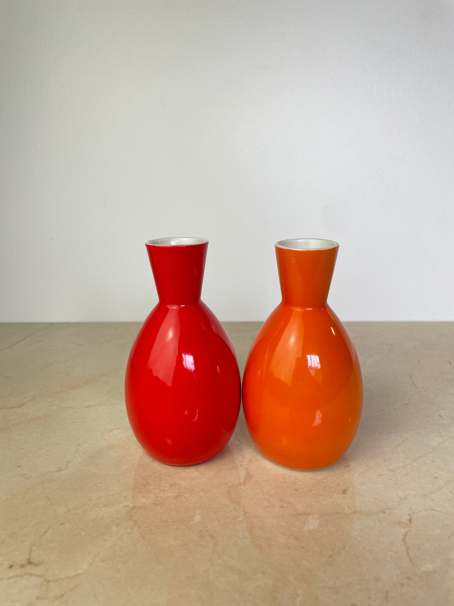 Pair Vintage Omc Japan Ceramic Sake Bottles, Red & Orange