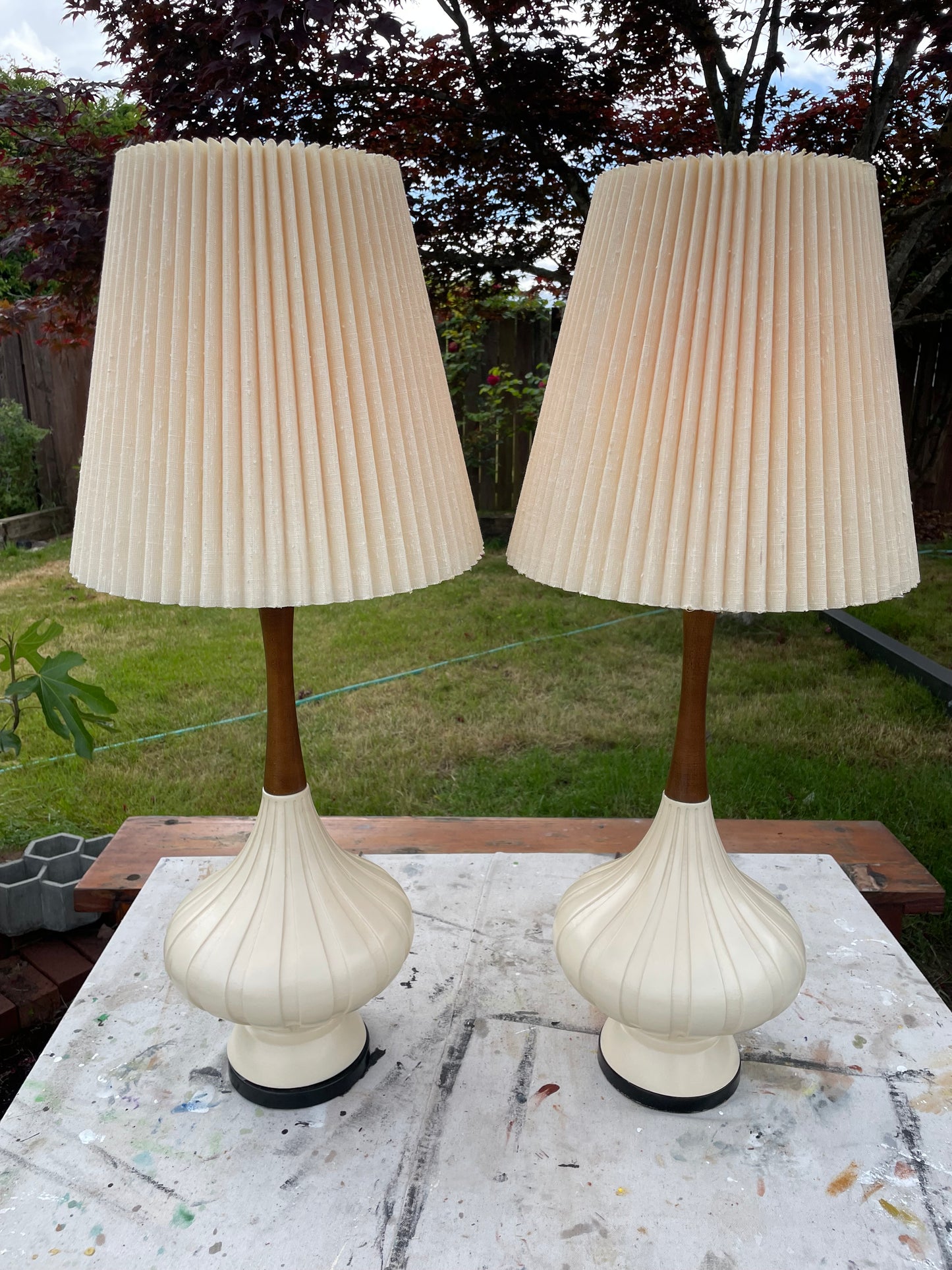 Mid-Century Modern Elongated Fortune Lamp Co. Teardrop Table Lamp in Walnut & Porcelain - A Pair