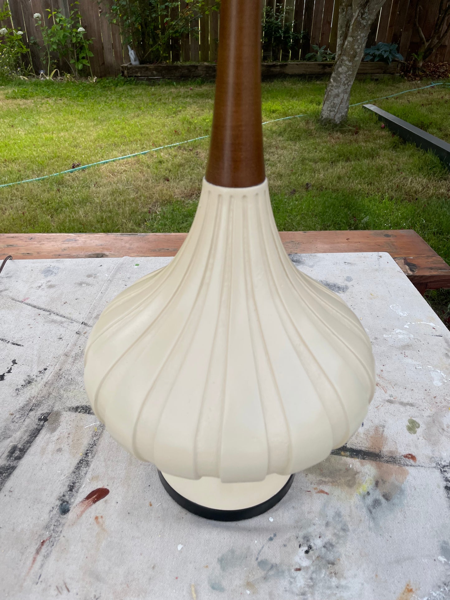 Mid-Century Modern Elongated Fortune Lamp Co. Teardrop Table Lamp in Walnut & Porcelain - A Pair