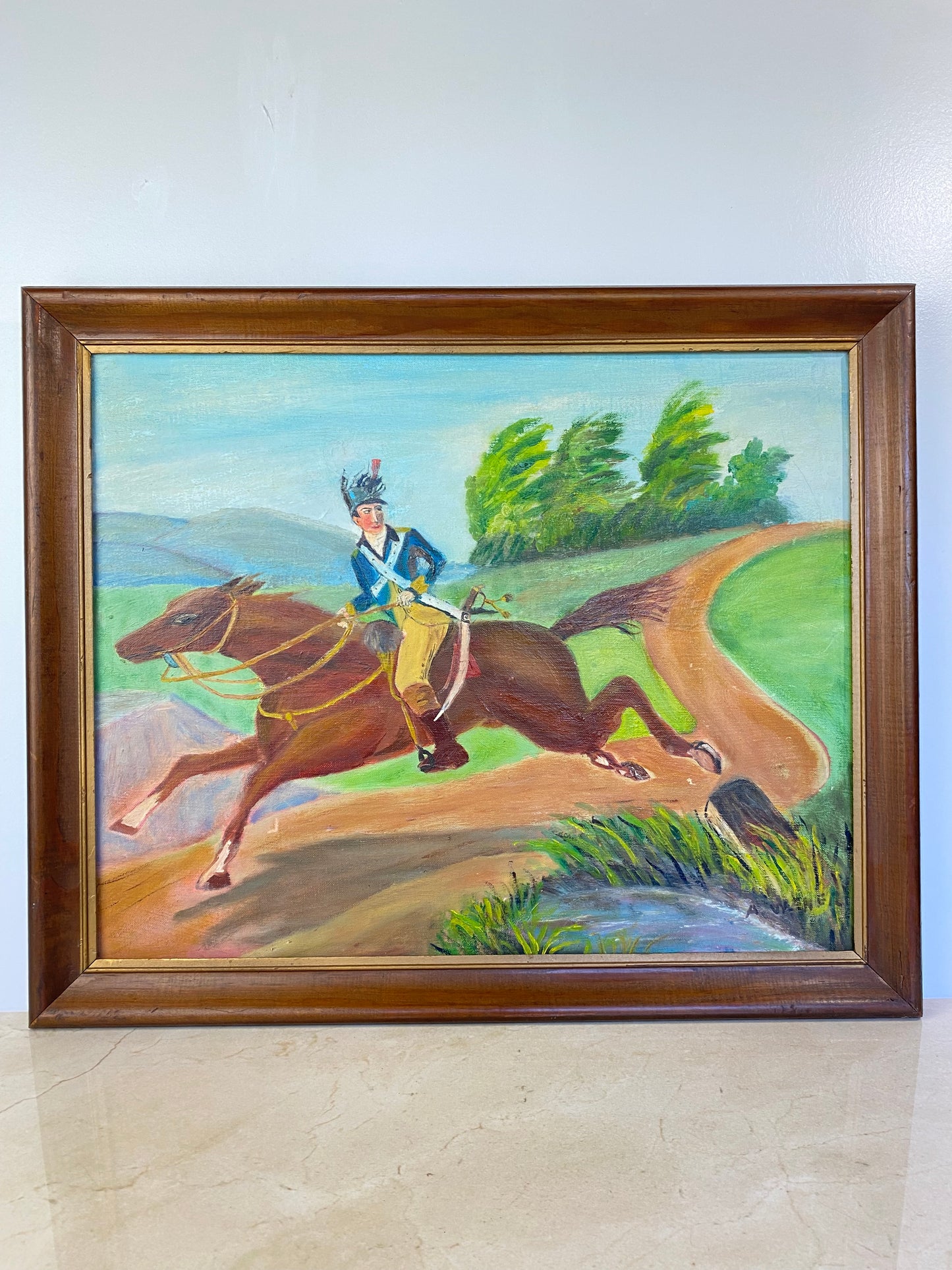 Vintage Naive Folk Art Painting, Equestrian Officer, Signed Anna Werner