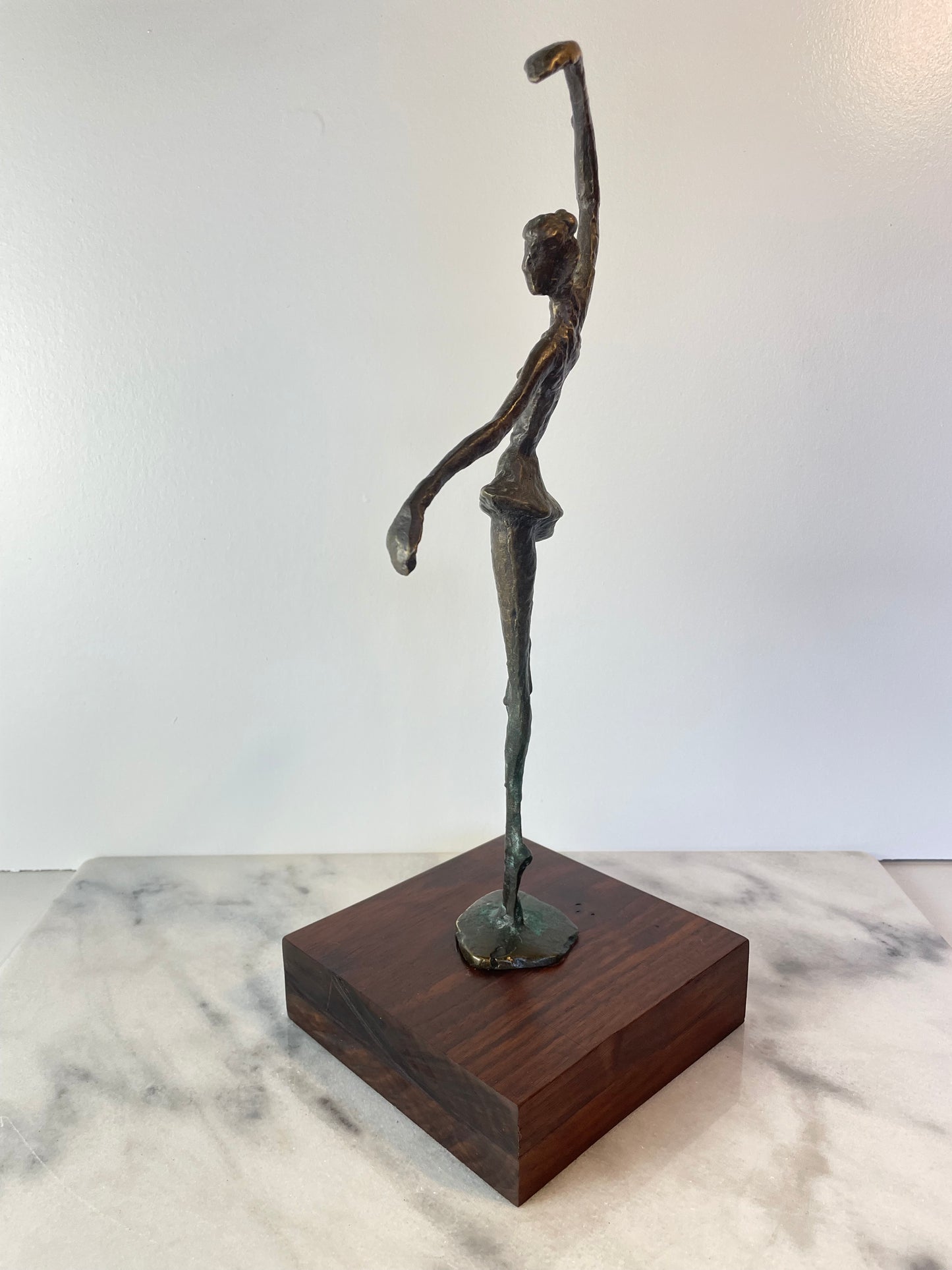 Vintage Abstract Bronze Ballerina Sculpture on Wood Base — Mid-Century Modern Figurative Art