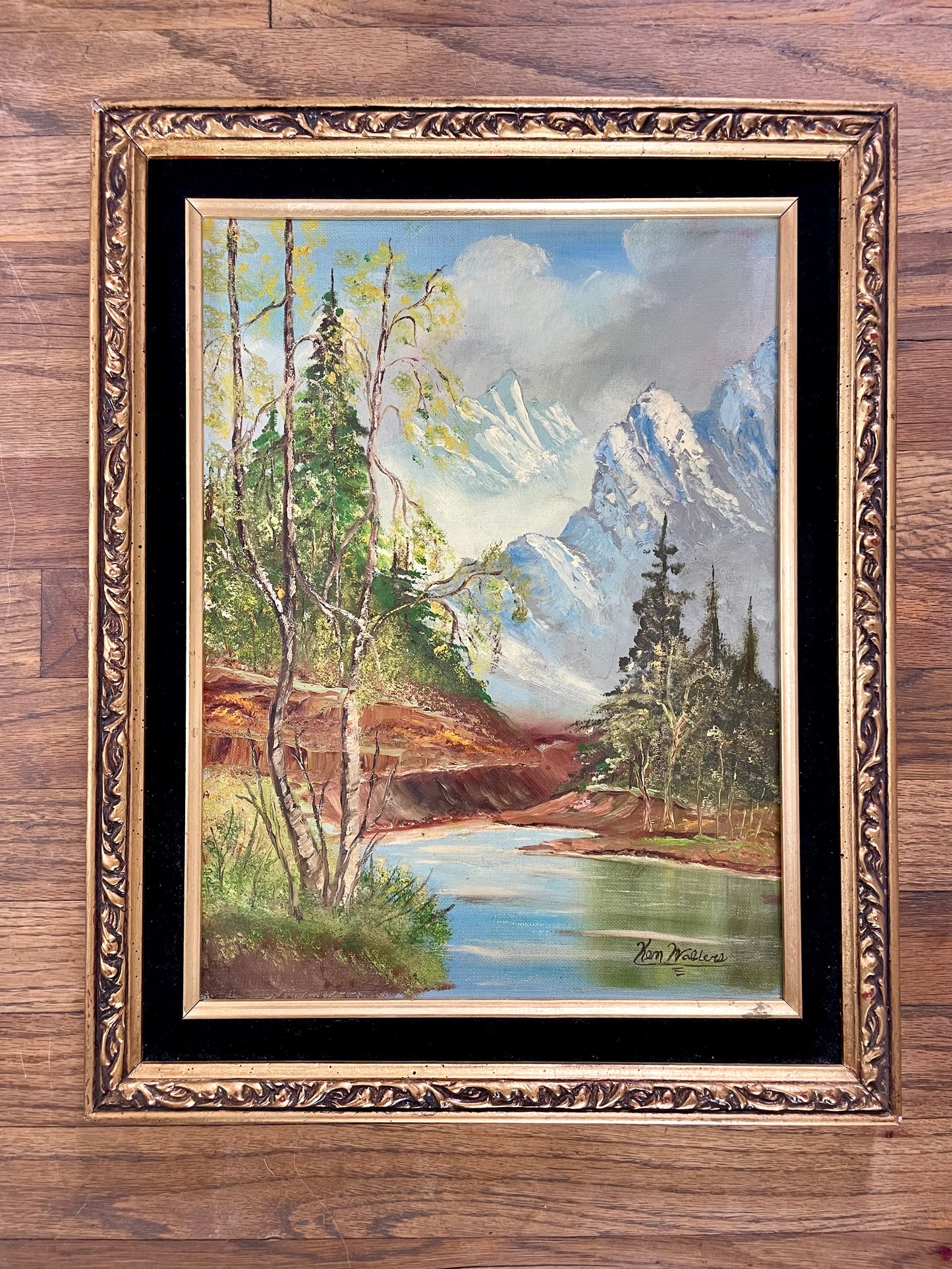 Mid 20th Century Signed Framed Vintage Mountain Landscape Oil on Board