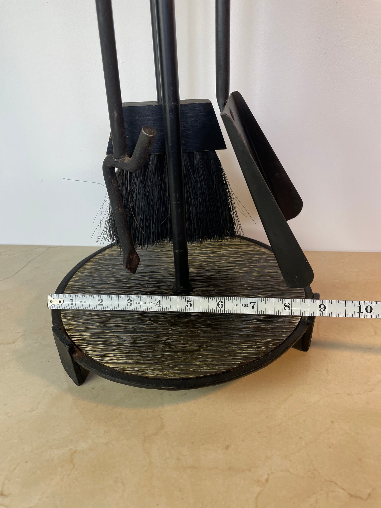 Mid-Century Modern Black Iron & Brass Fireplace Tool Set With Stand