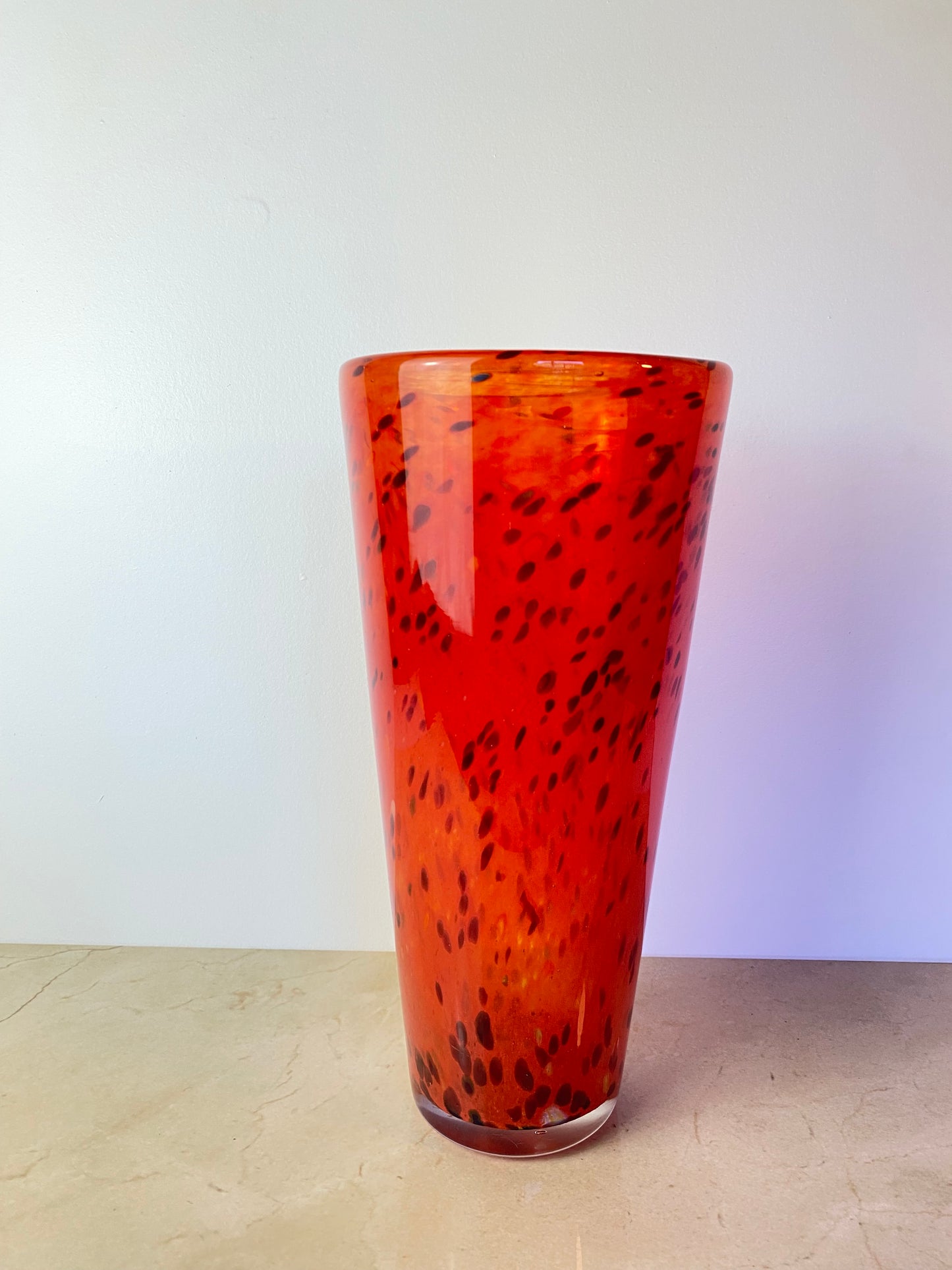 Henry Dean Mouth-Blown Red & Black Speckled Glass Vase, Signed
