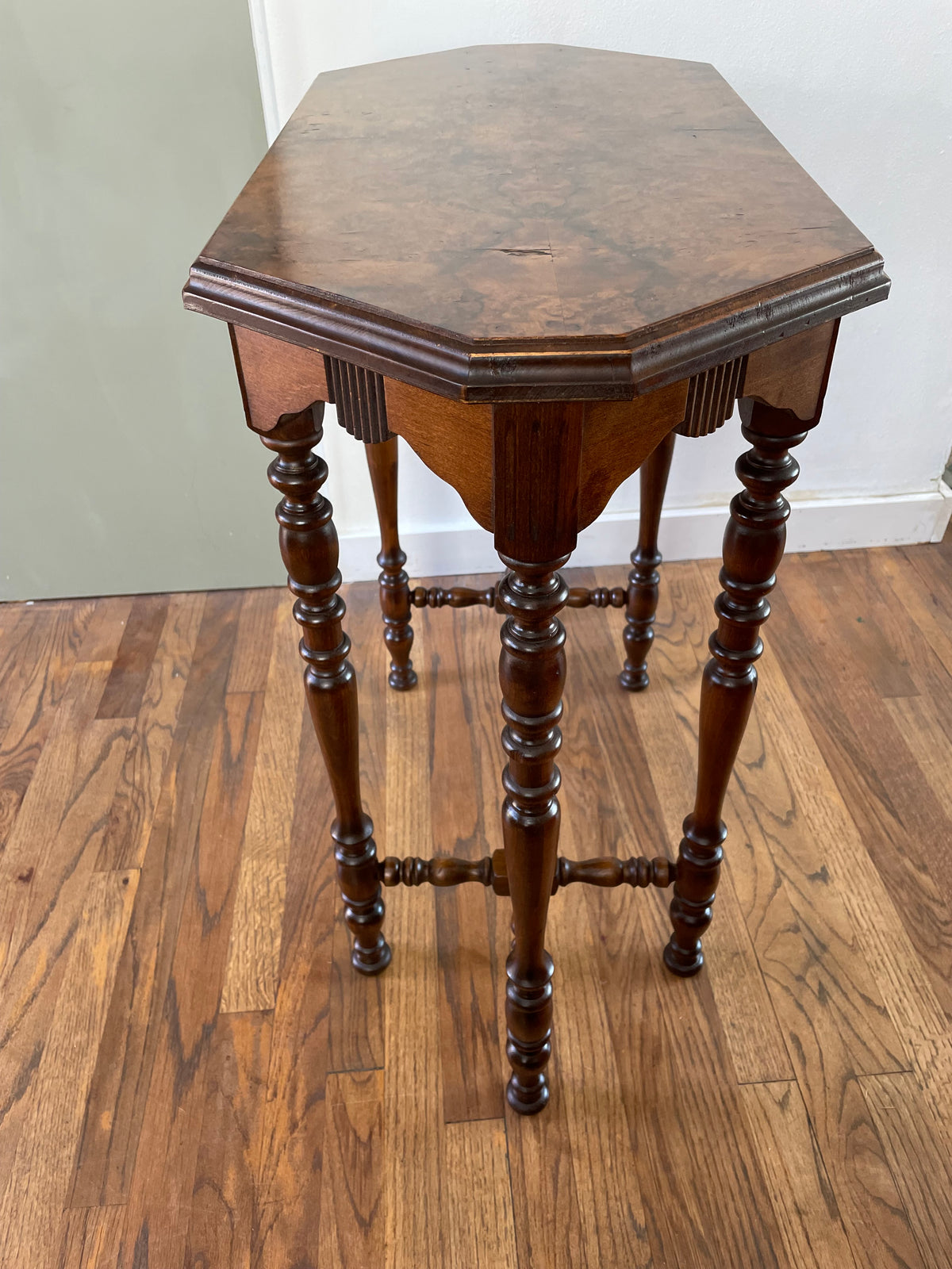 Antique Victorian Burl Walnut Octagonal Side Table, Bobbin Turned Legs